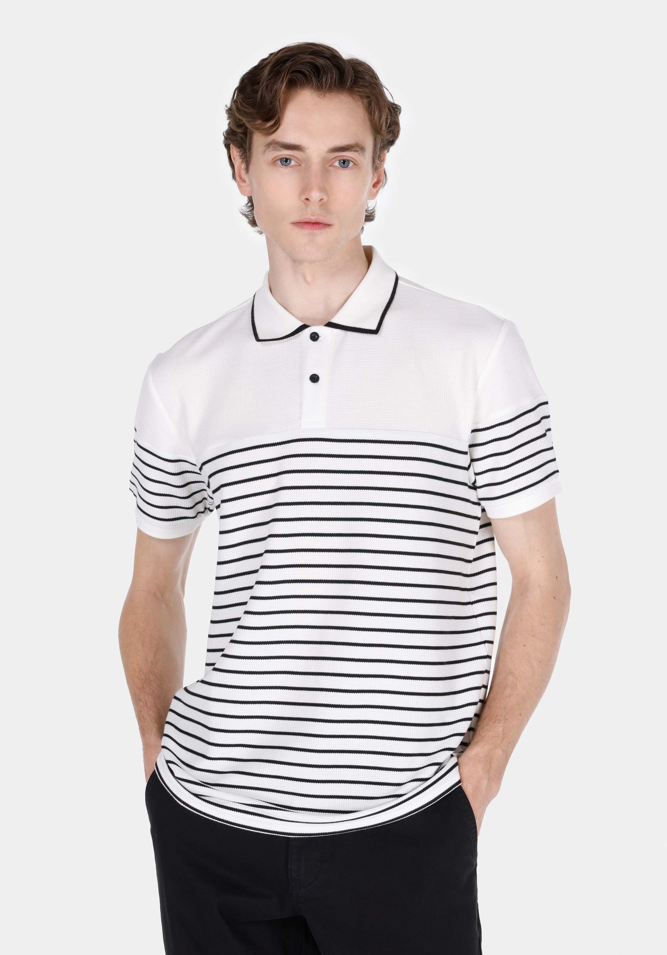 Regular Fit Polo Yaka Jakarlı Erkek Beyaz Kısa Kol Tişört