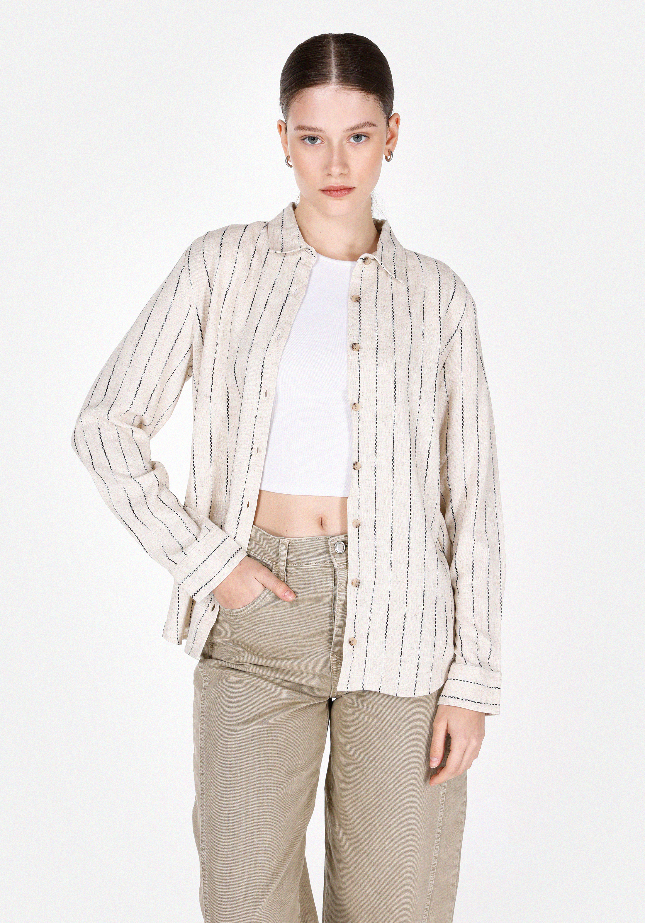 Regular Fit Shirt Neck Çizgili Kadın Bej Uzun Kol Gömlek