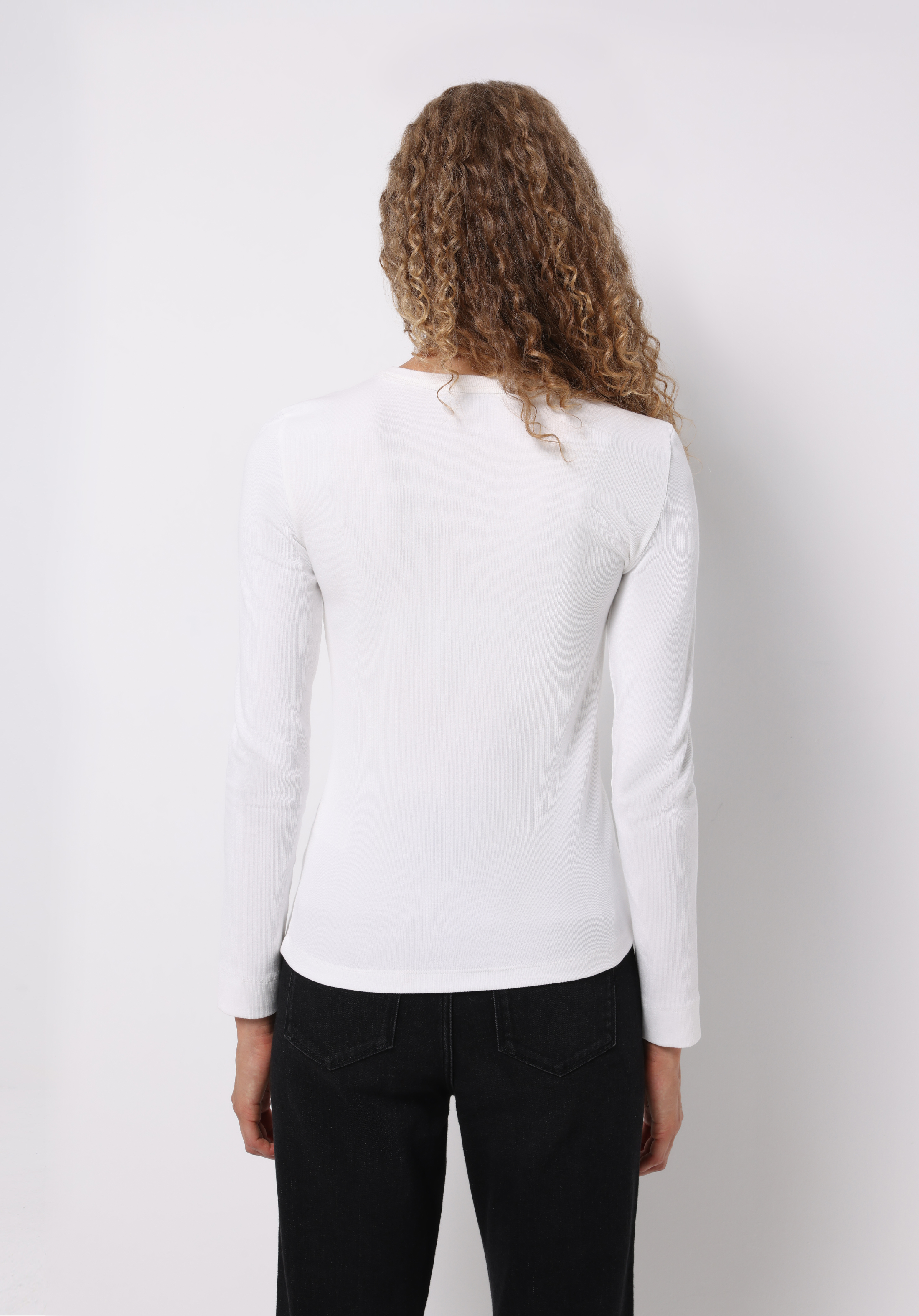 Slim Fit Yuvarlak Yaka Düz Kadın Beyaz Uzun Kol Tişört