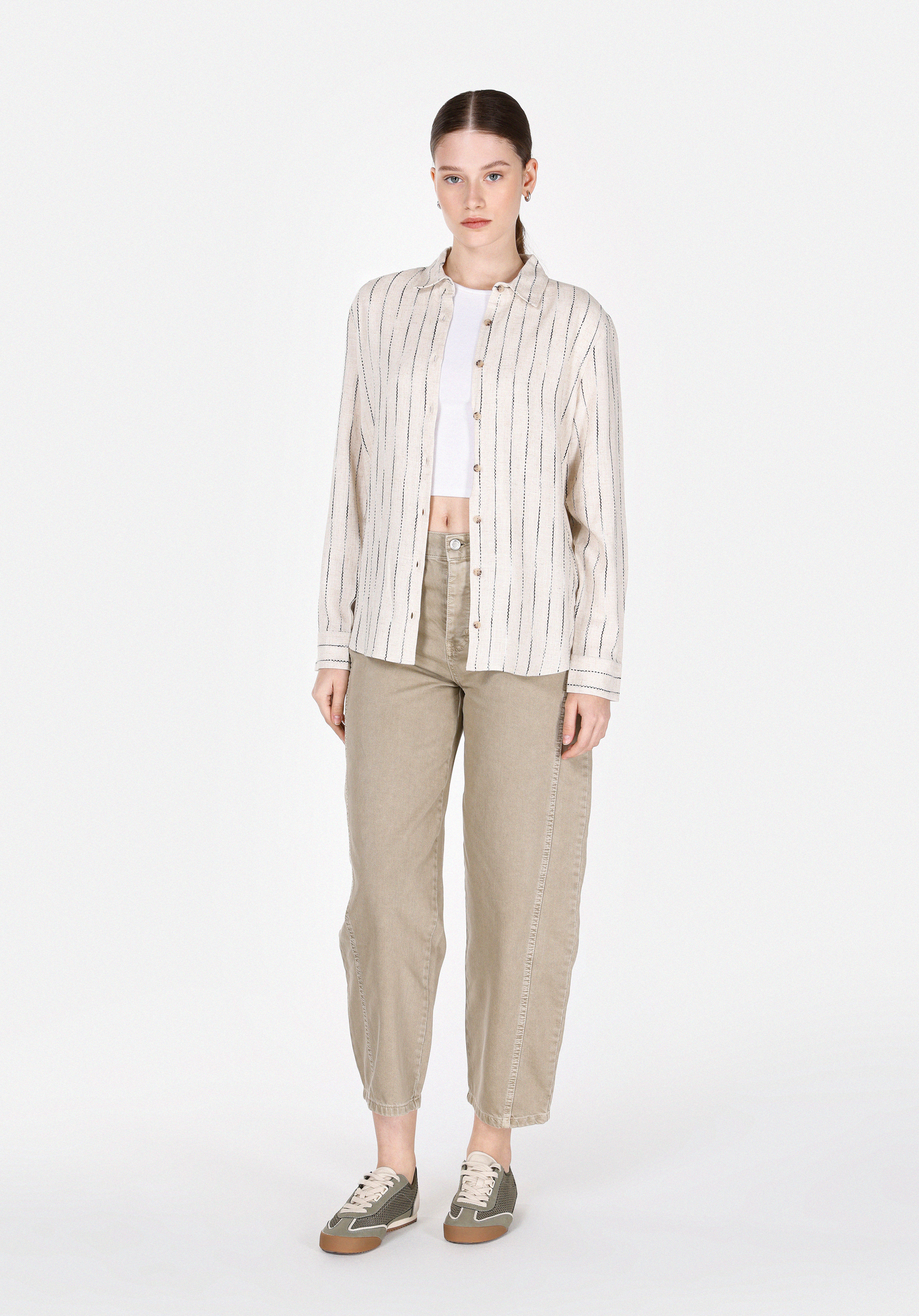 Regular Fit Shirt Neck Çizgili Kadın Bej Uzun Kol Gömlek