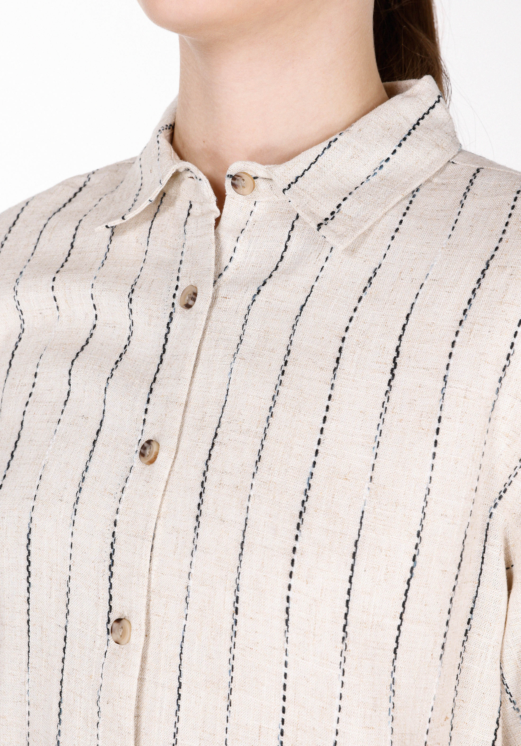 Regular Fit Shirt Neck Çizgili Kadın Bej Uzun Kol Gömlek