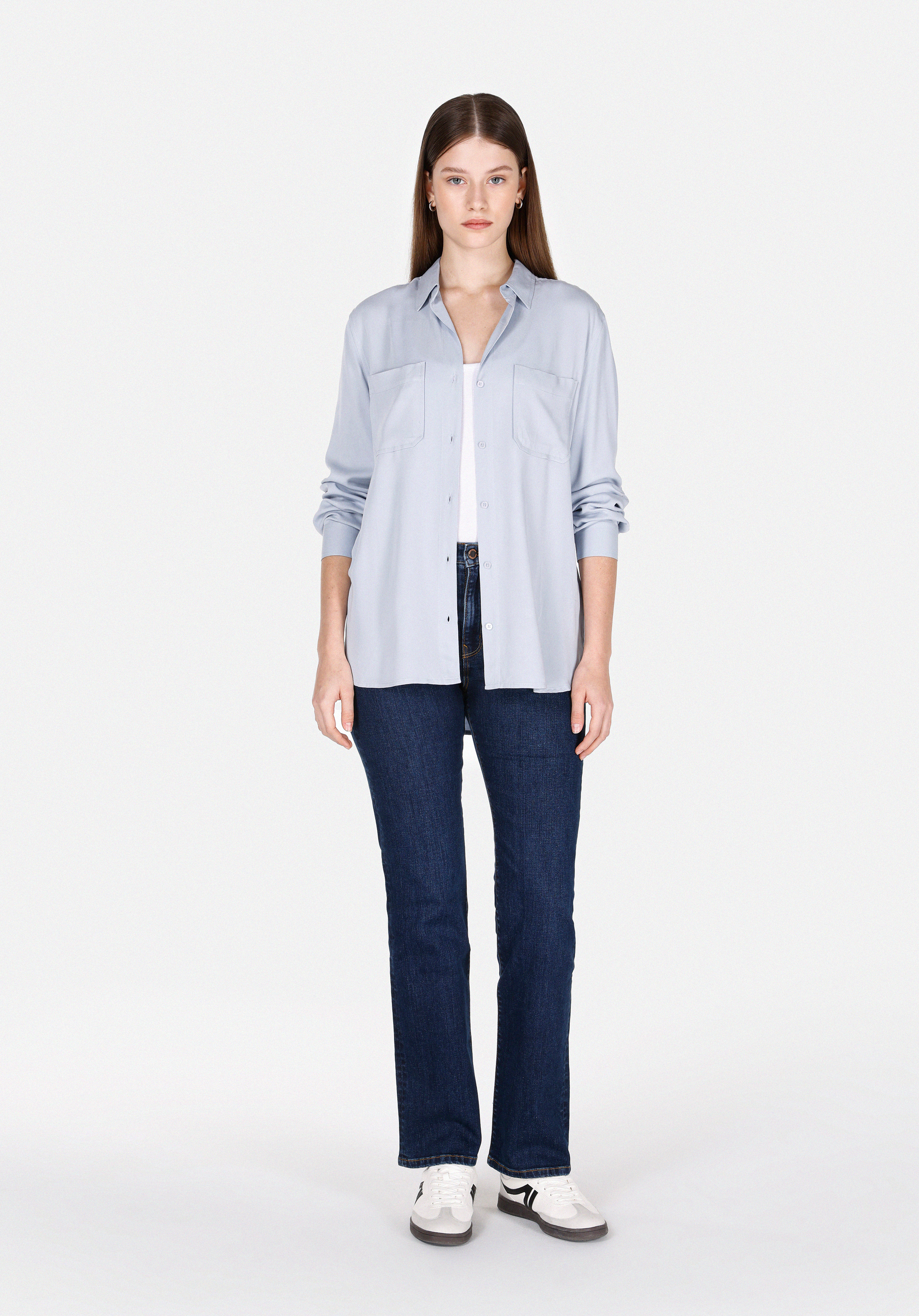 Regular Fit Shirt Neck Düz Kadın Mavi Roll-up Gömlek