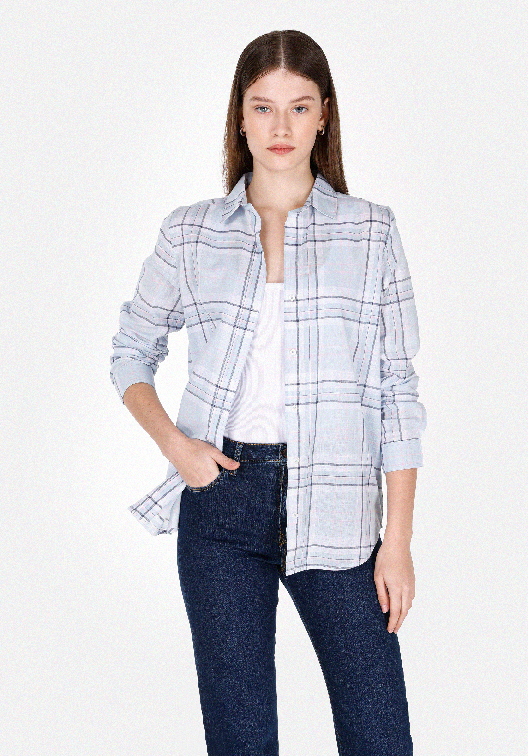 Regular Fit Shirt Neck Ekoseli Kadın Mavi Uzun Kol Gömlek