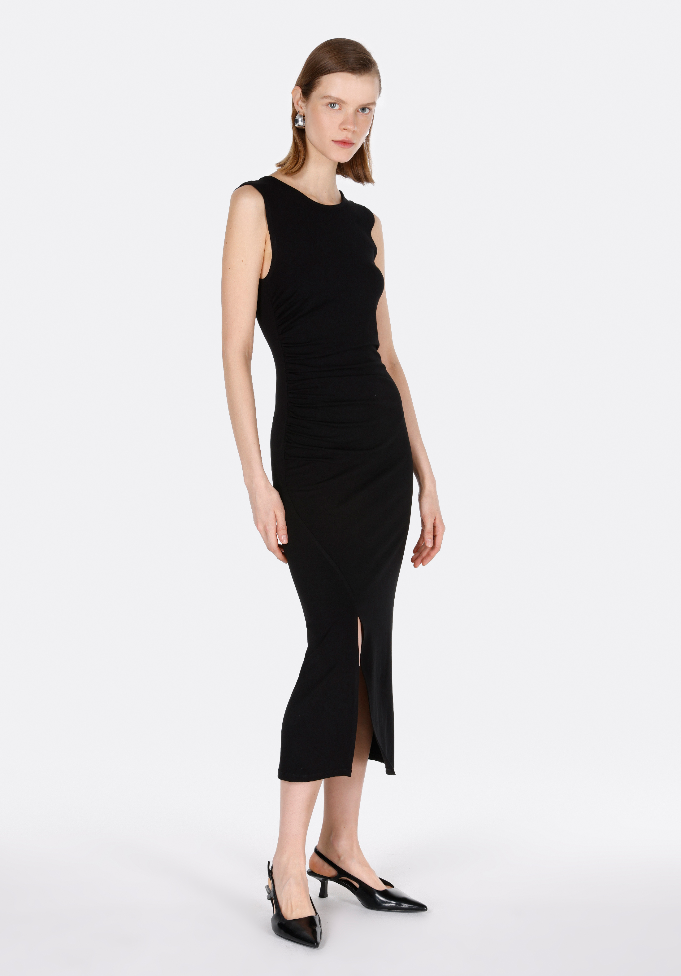 Slim Fit Düz Kadın Siyah Kolsuz Elbise