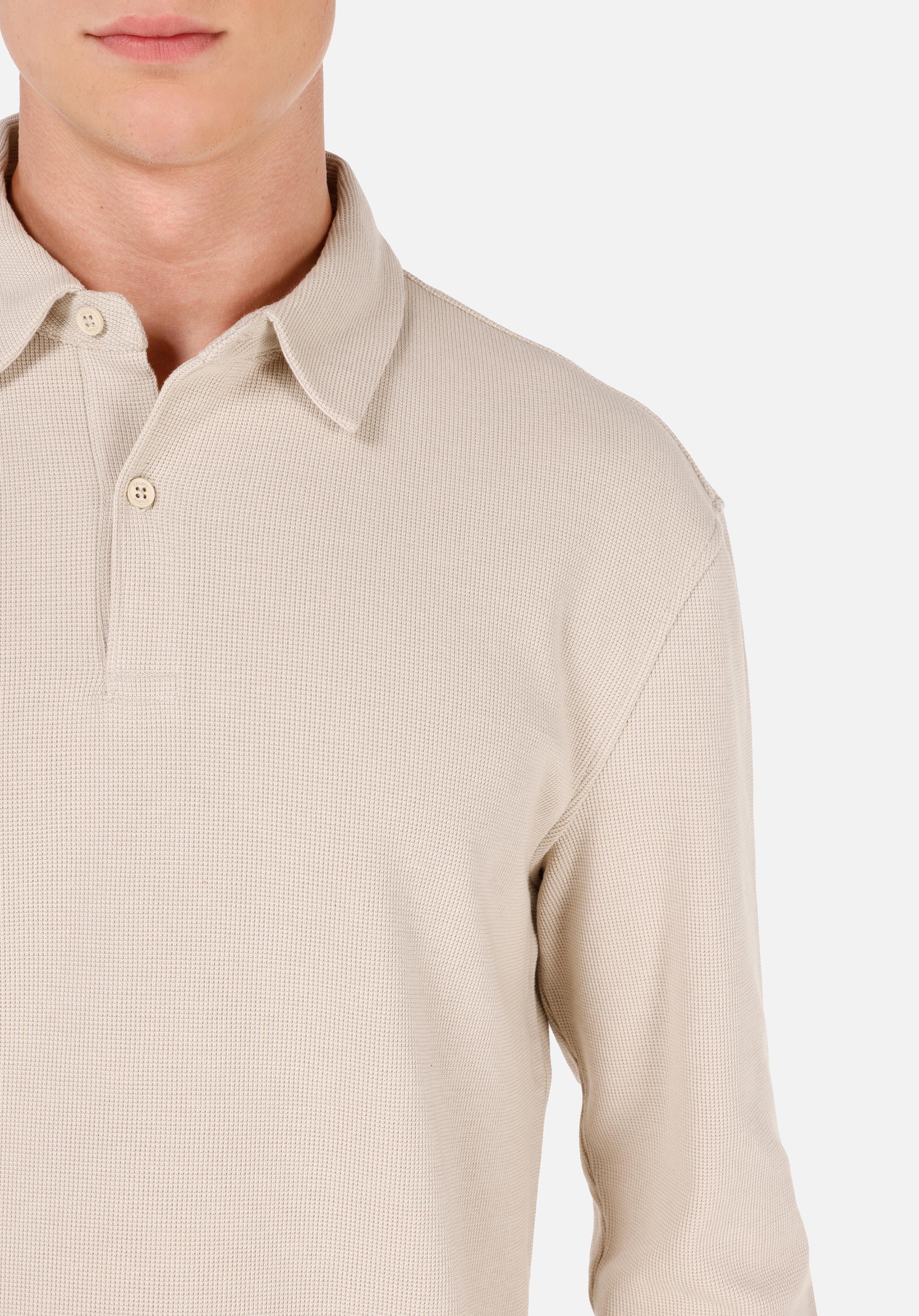 Regular Fit Polo Yaka Jakarlı Erkek Bej Uzun Kol Tişört