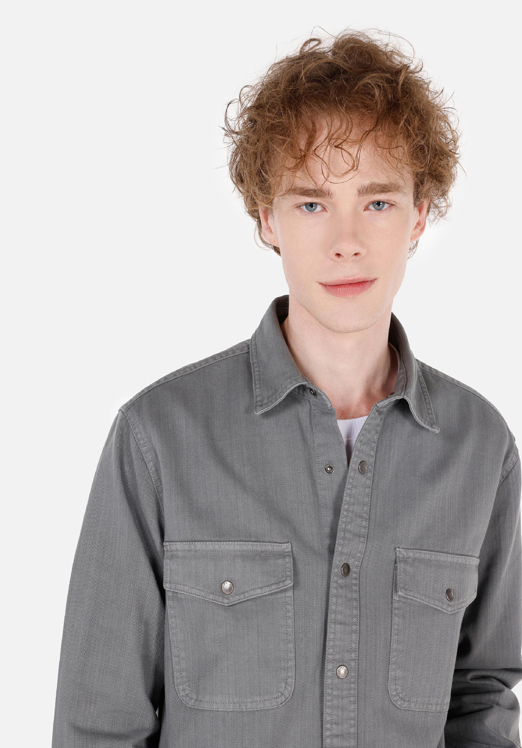 Comfort Fit Shirt Neck Düz Erkek Gri Uzun Kol Gömlek