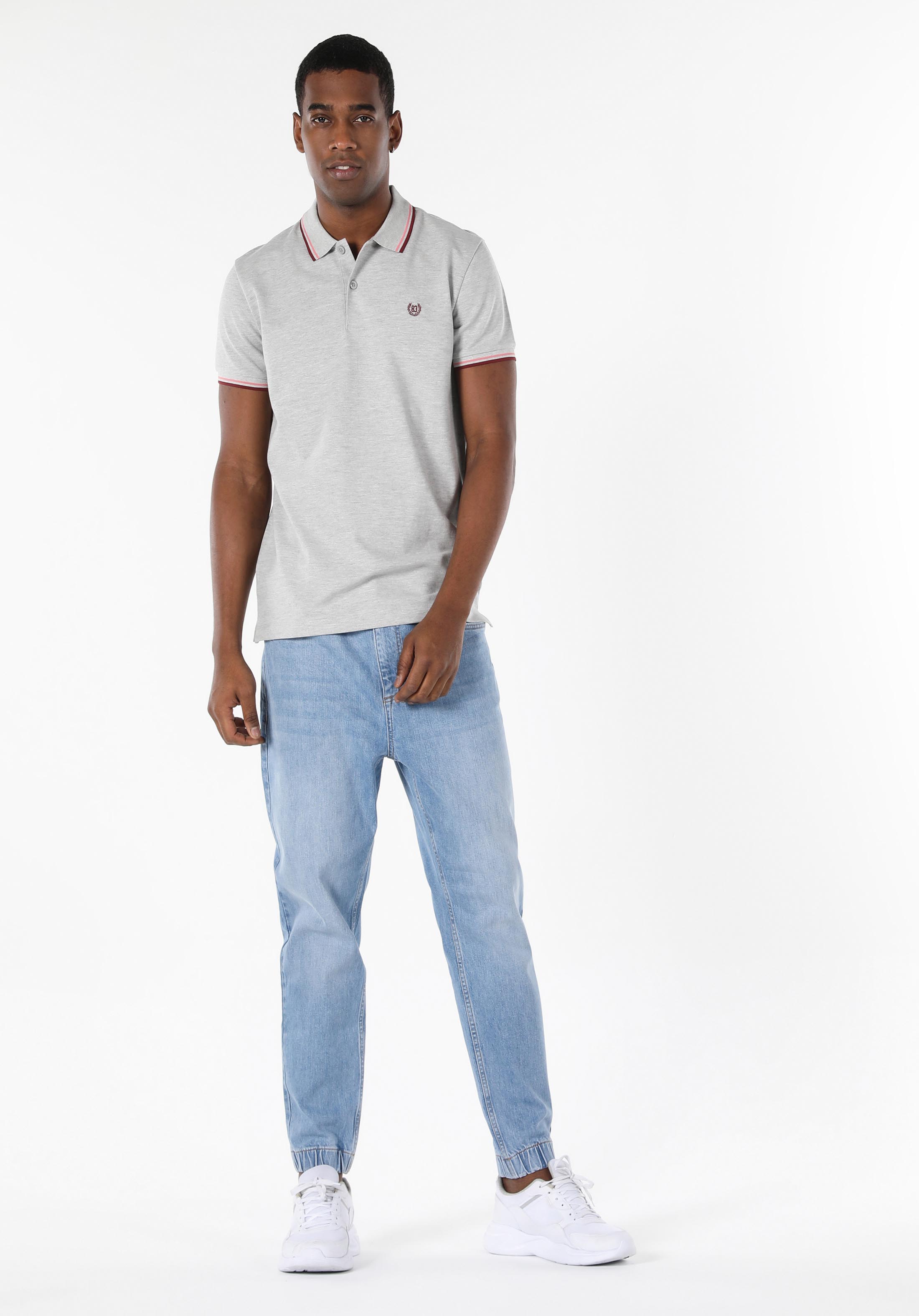 Classic Fit Polo Yaka Düz Erkek Gri Kısa Kol Tişört