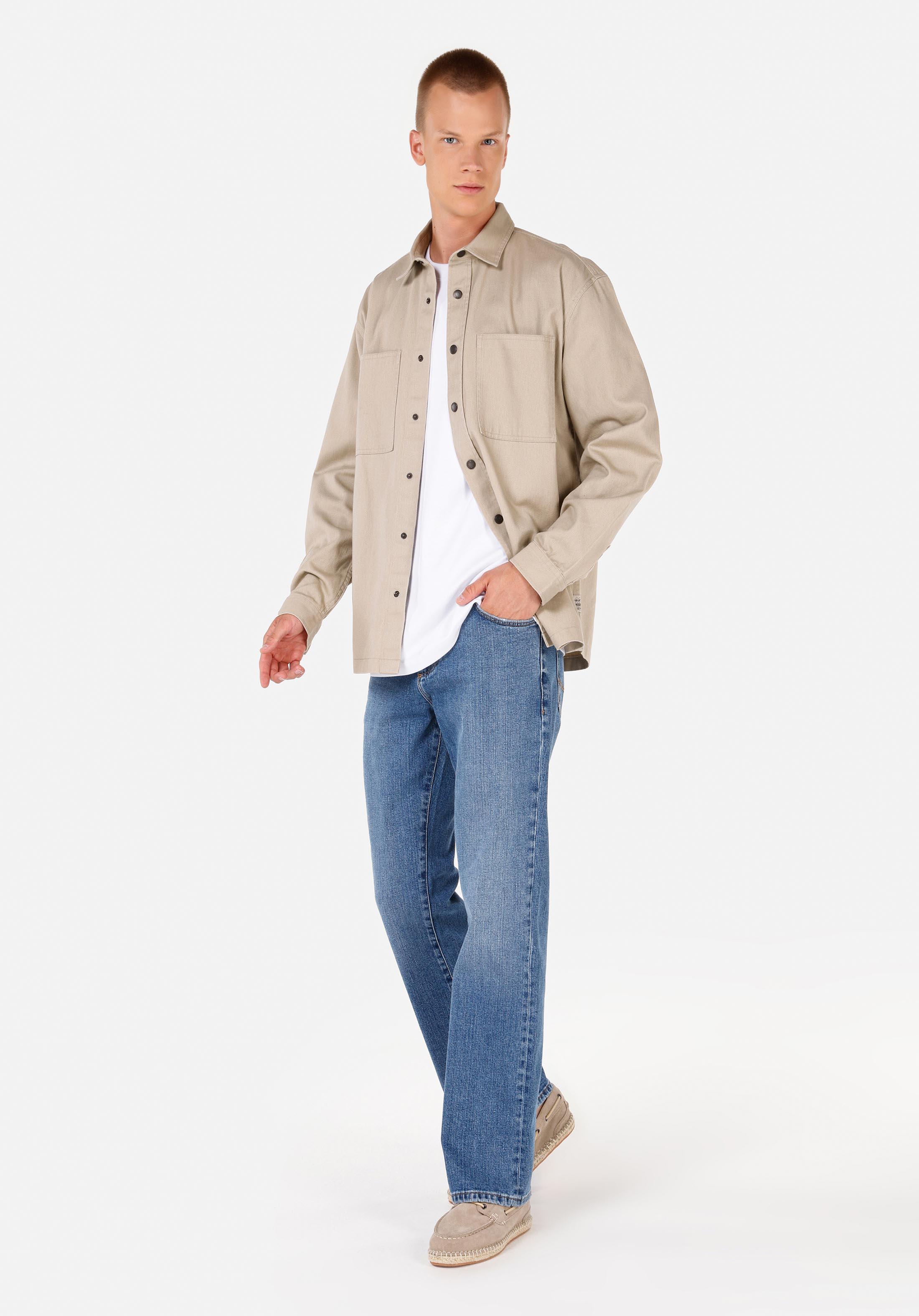 Comfort Fit Shirt Neck Düz Erkek Bej Uzun Kol Gömlek