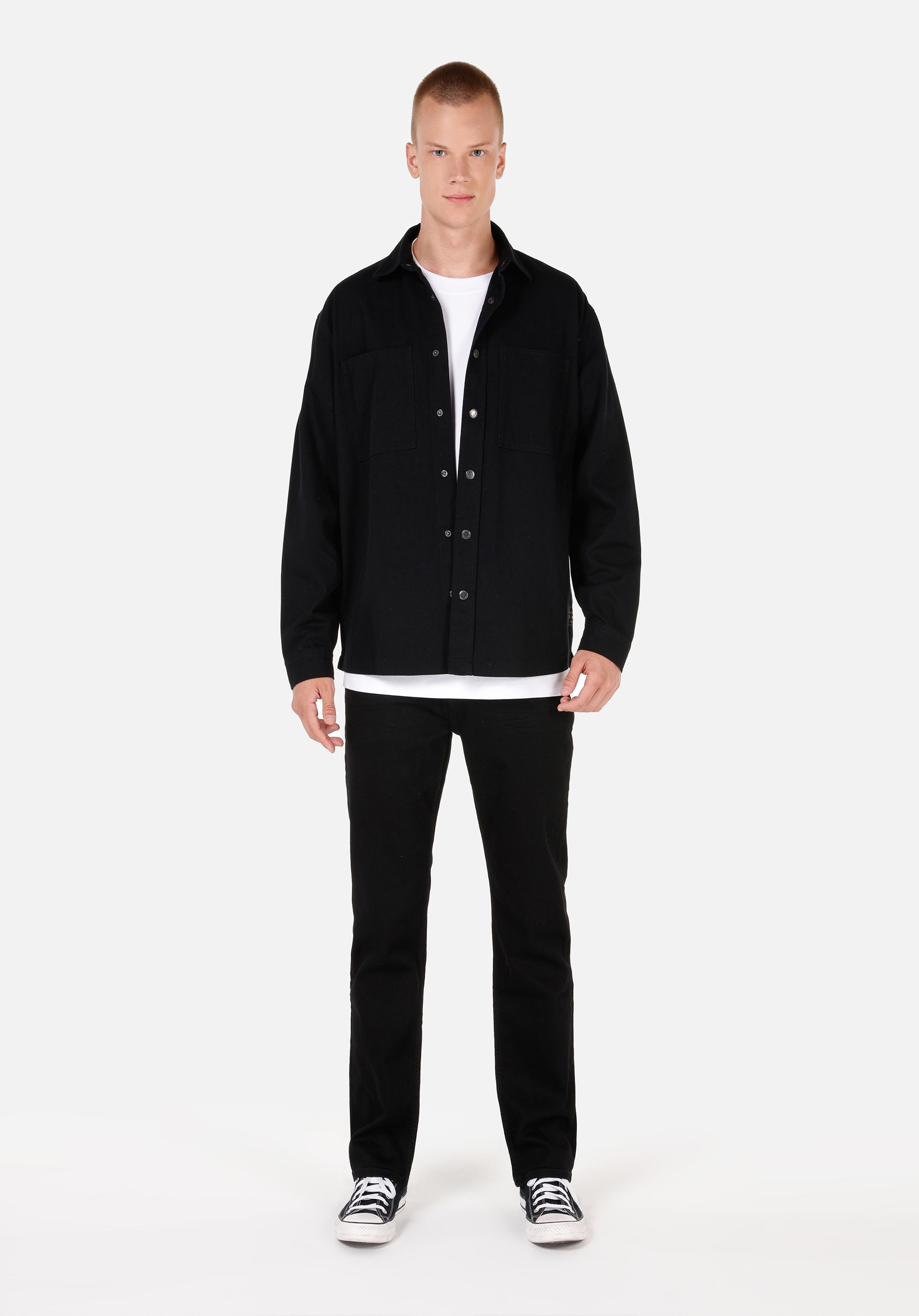 Comfort Fit Shirt Neck Düz Erkek Siyah Uzun Kol Gömlek