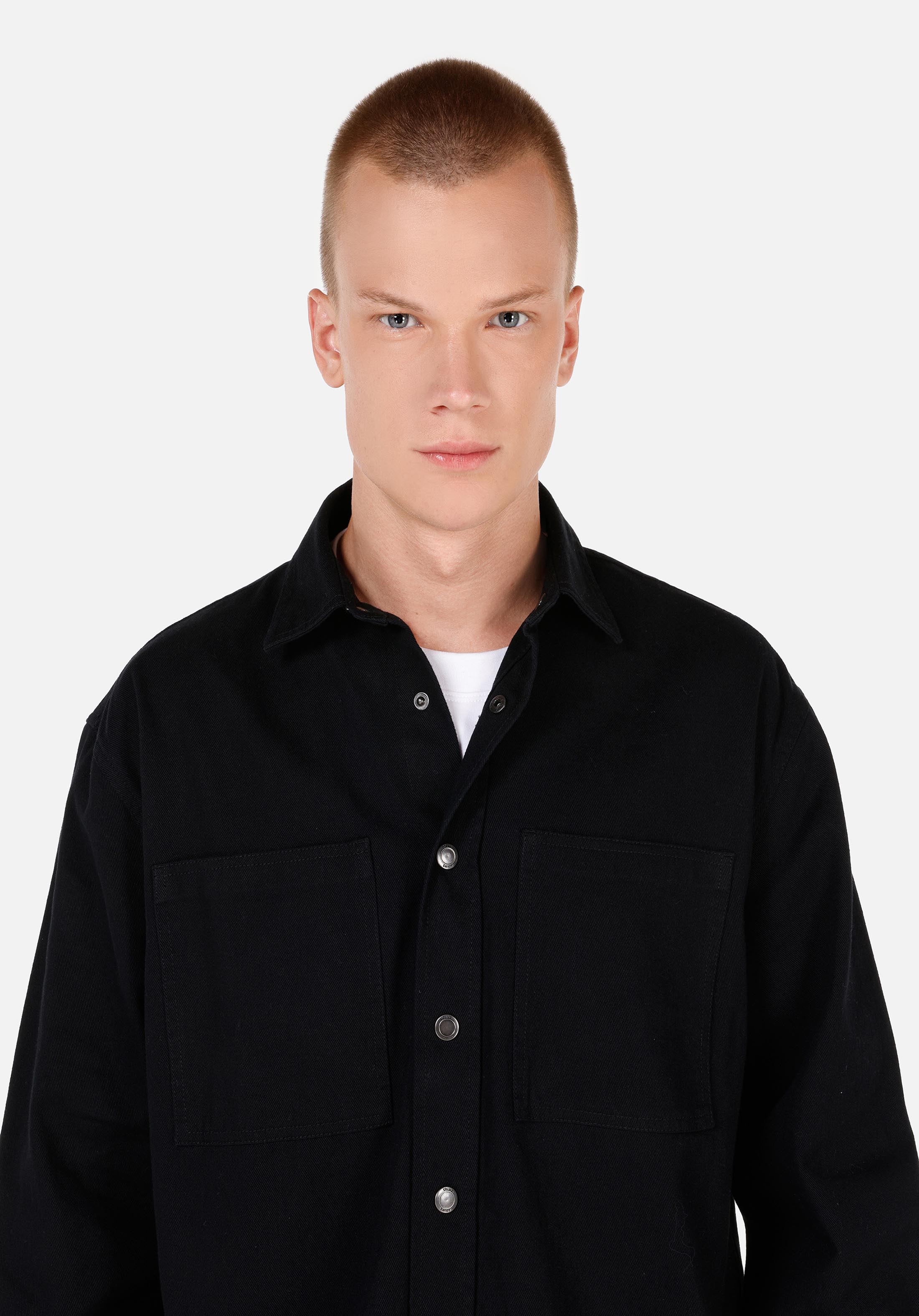 Comfort Fit Shirt Neck Düz Erkek Siyah Uzun Kol Gömlek