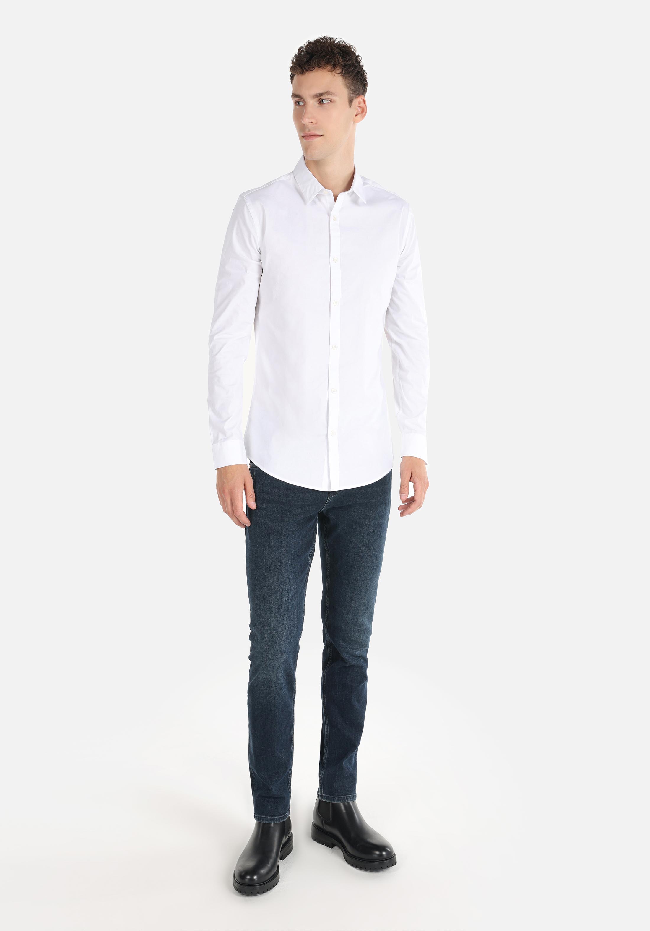 Süper Slim Fit Shirt Neck Düz Erkek Beyaz Uzun Kol Gömlek