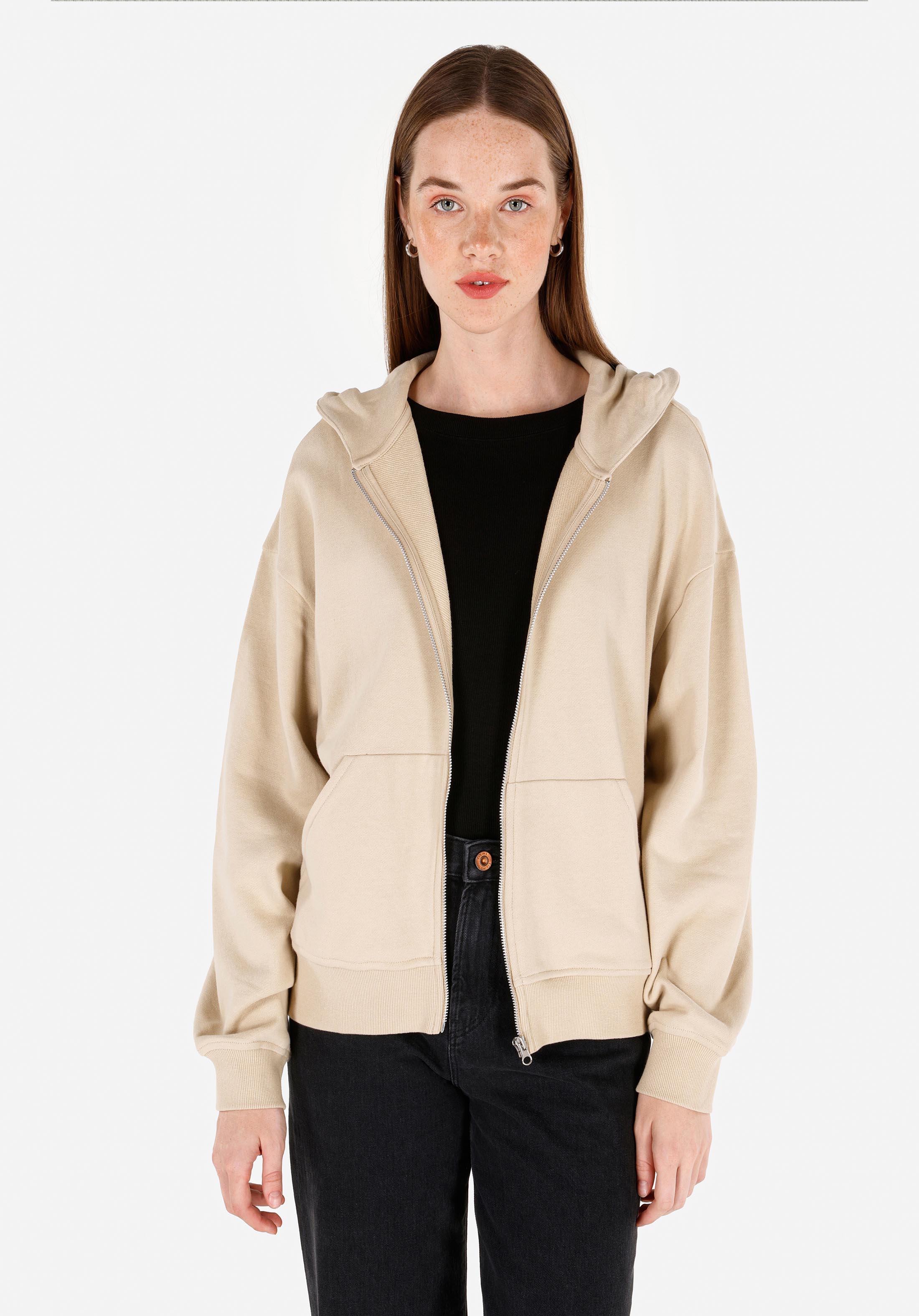 Regular Fit Fermuarlı Düz Kadın Bej Sweatshirt
