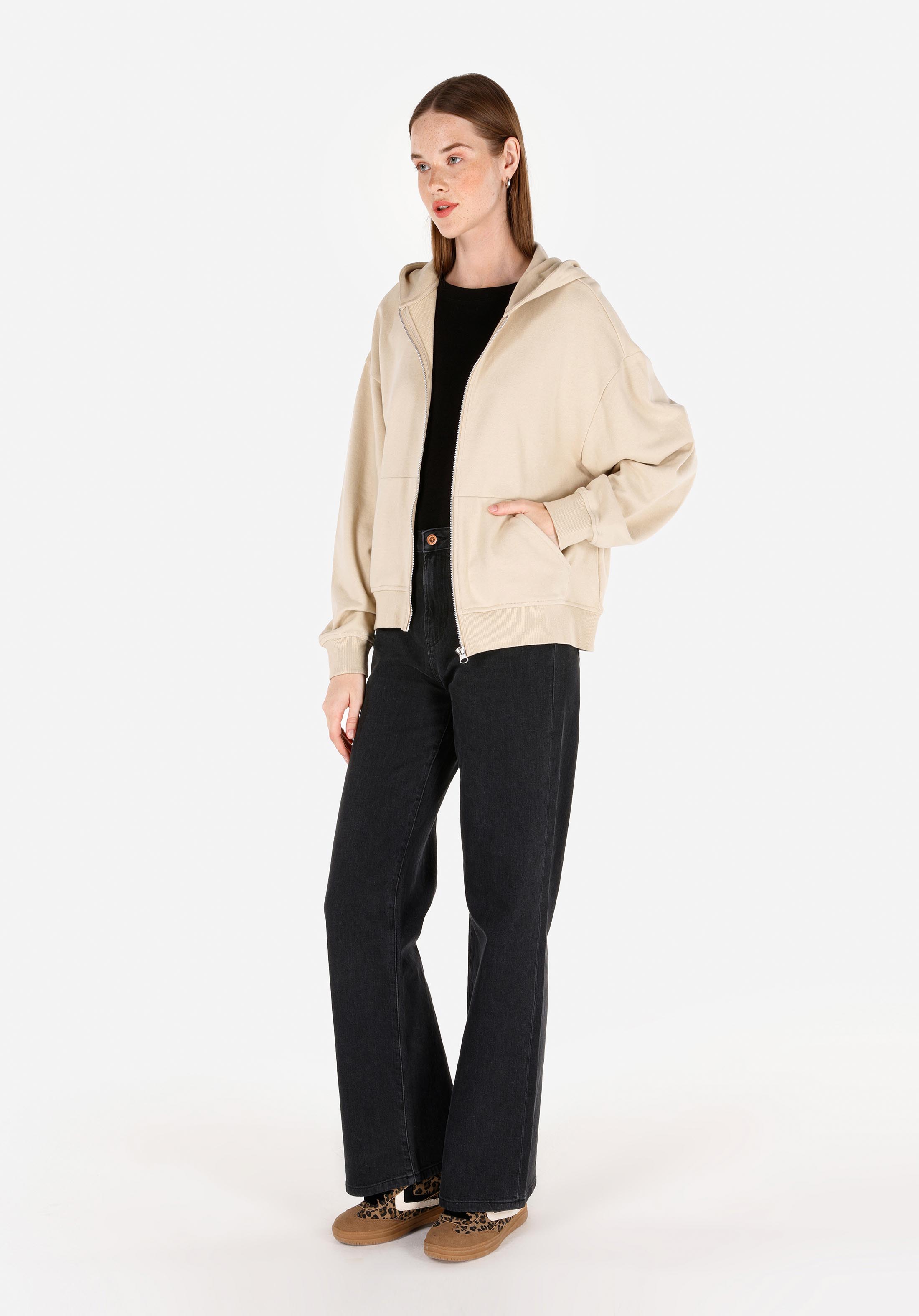 Regular Fit Fermuarlı Düz Kadın Bej Sweatshirt