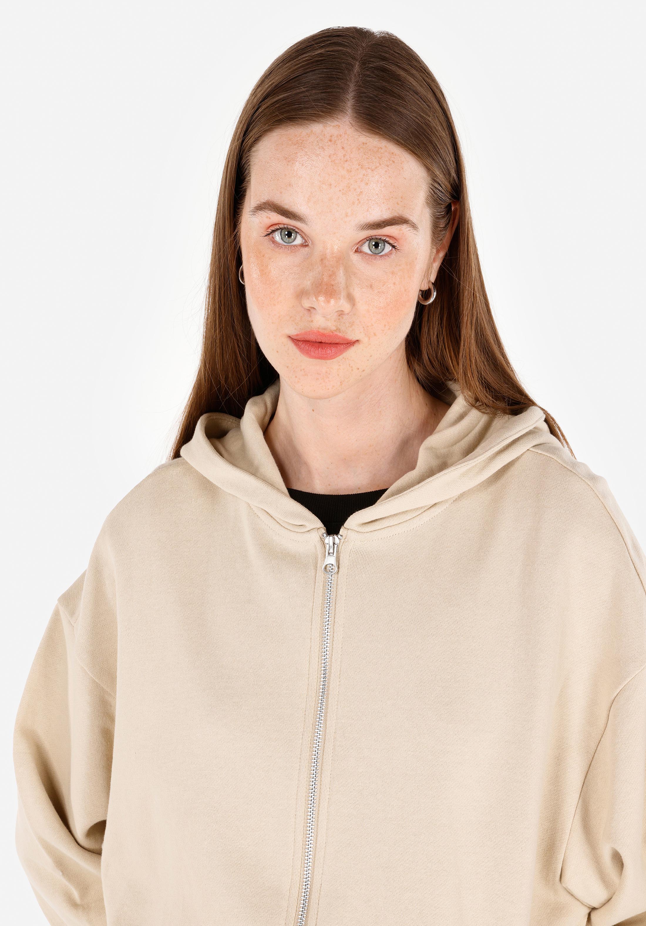 Regular Fit Fermuarlı Düz Kadın Bej Sweatshirt