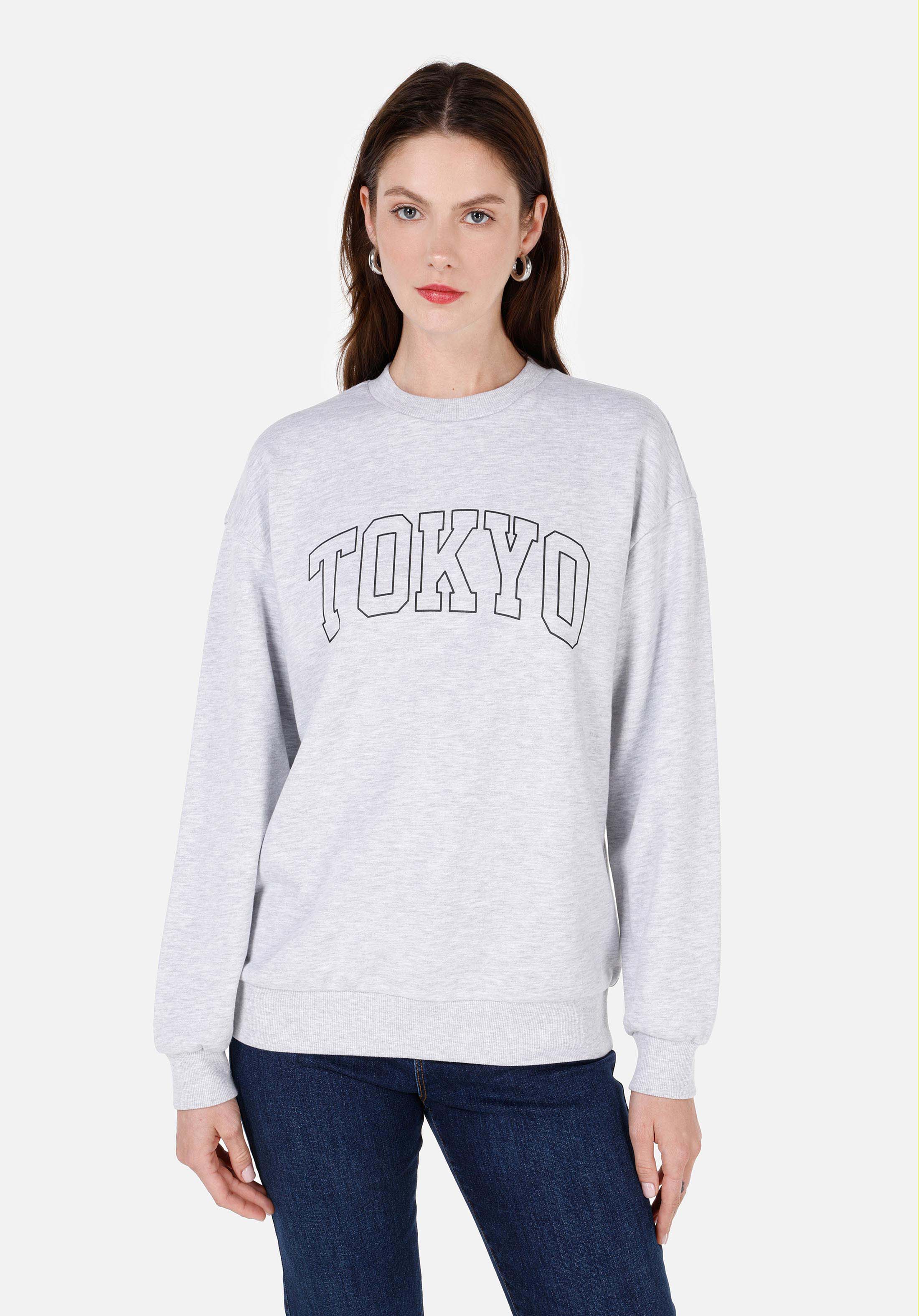 Regular Fit Yuvarlak Yaka Baskılı Kadın Gri Sweatshirt