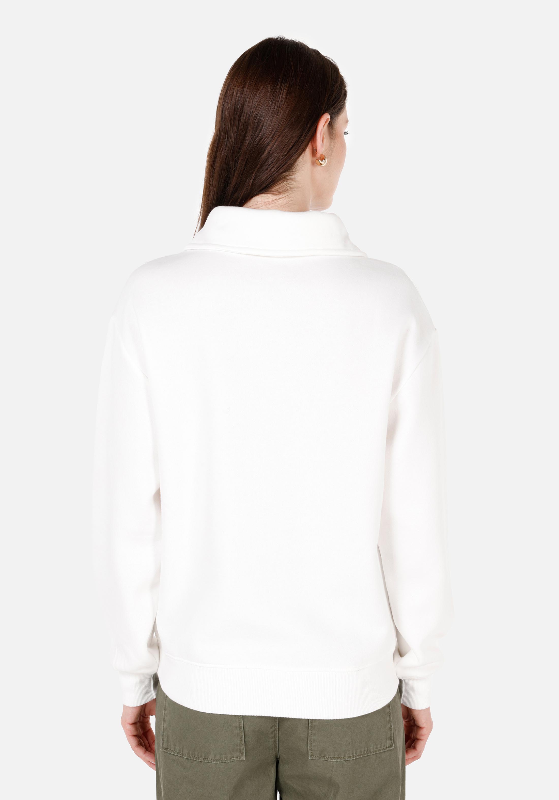 Regular Fit Fermuarlı Nakışlı Kadın Beyaz Sweatshirt