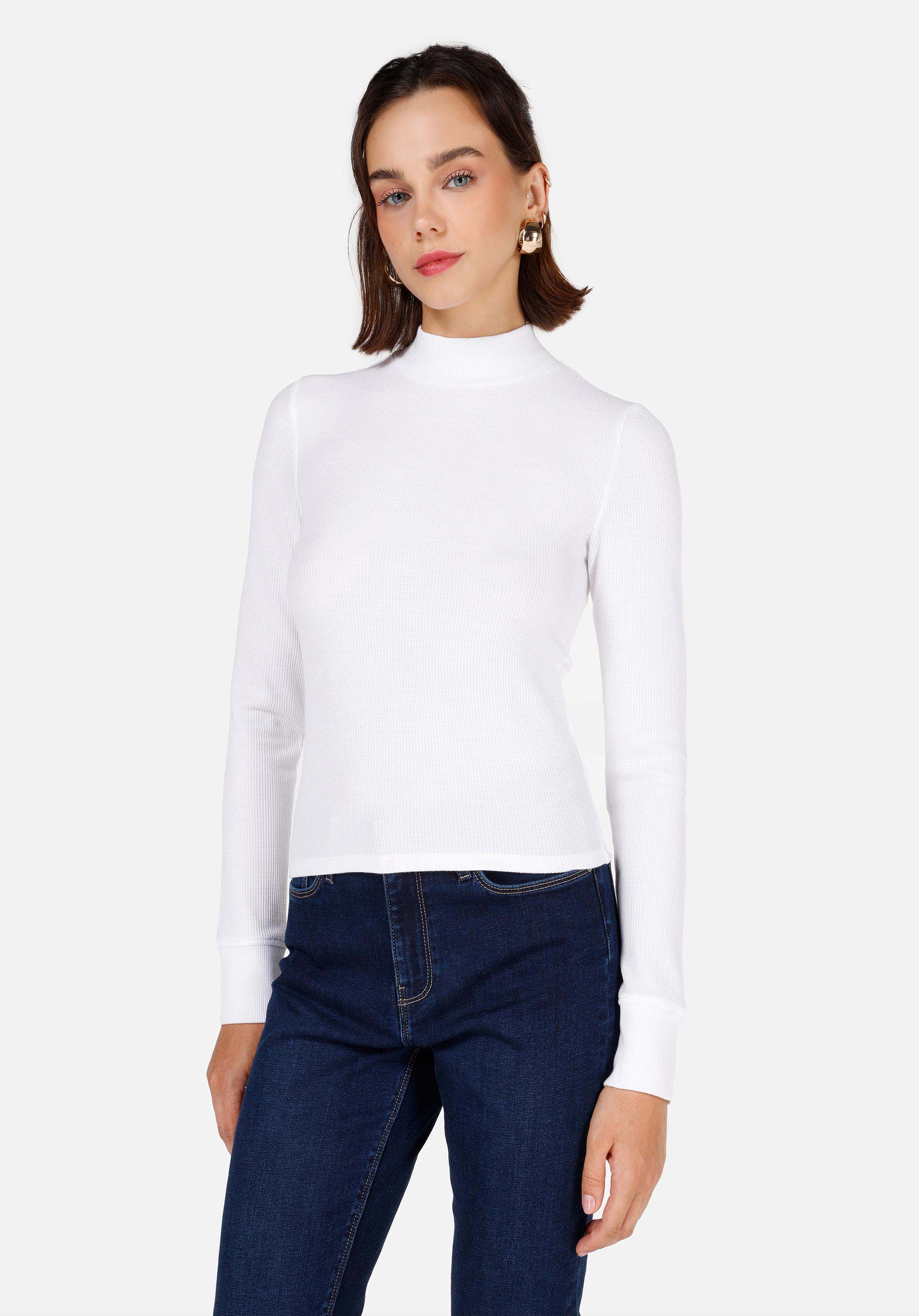 Slim Fit Dik Yaka Düz Kadın Beyaz Uzun Kol Tişört