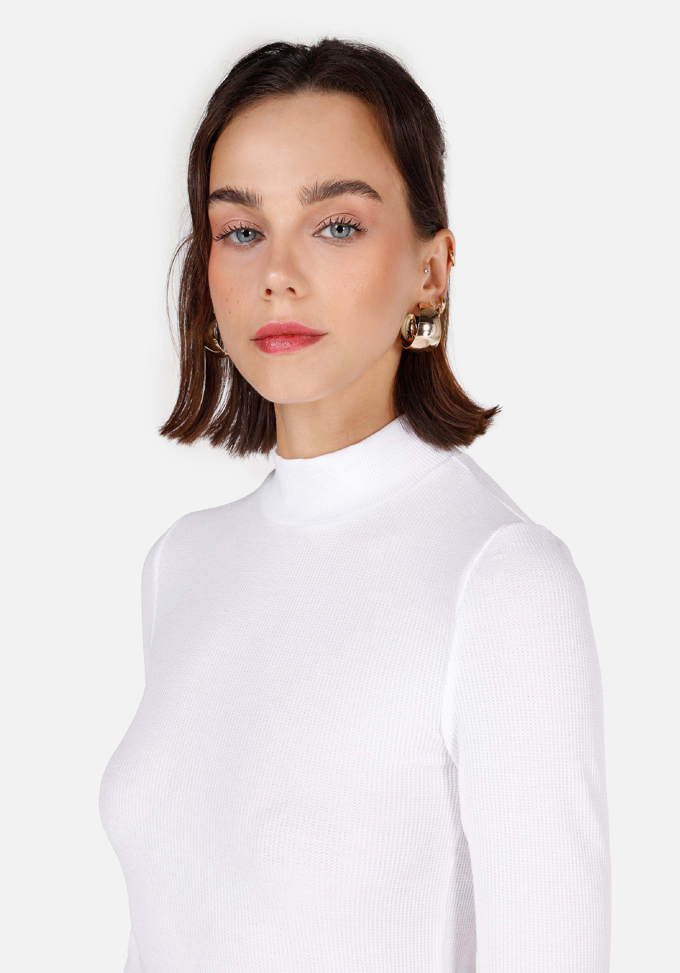 Slim Fit Dik Yaka Düz Kadın Beyaz Uzun Kol Tişört