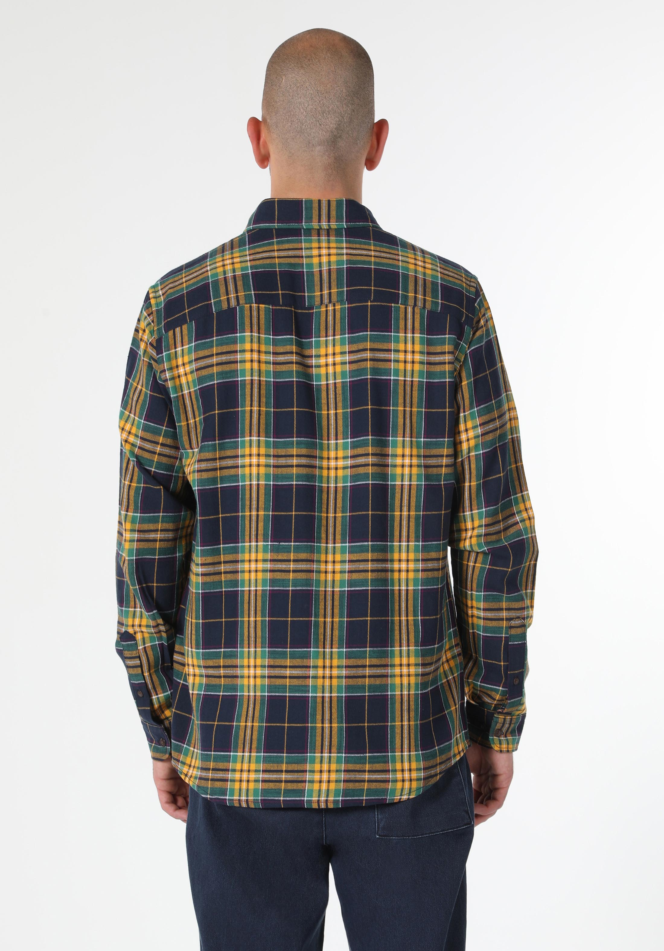 Regular Fit Shirt Neck Ekoseli Erkek Lacivert Uzun Kol Gömlek