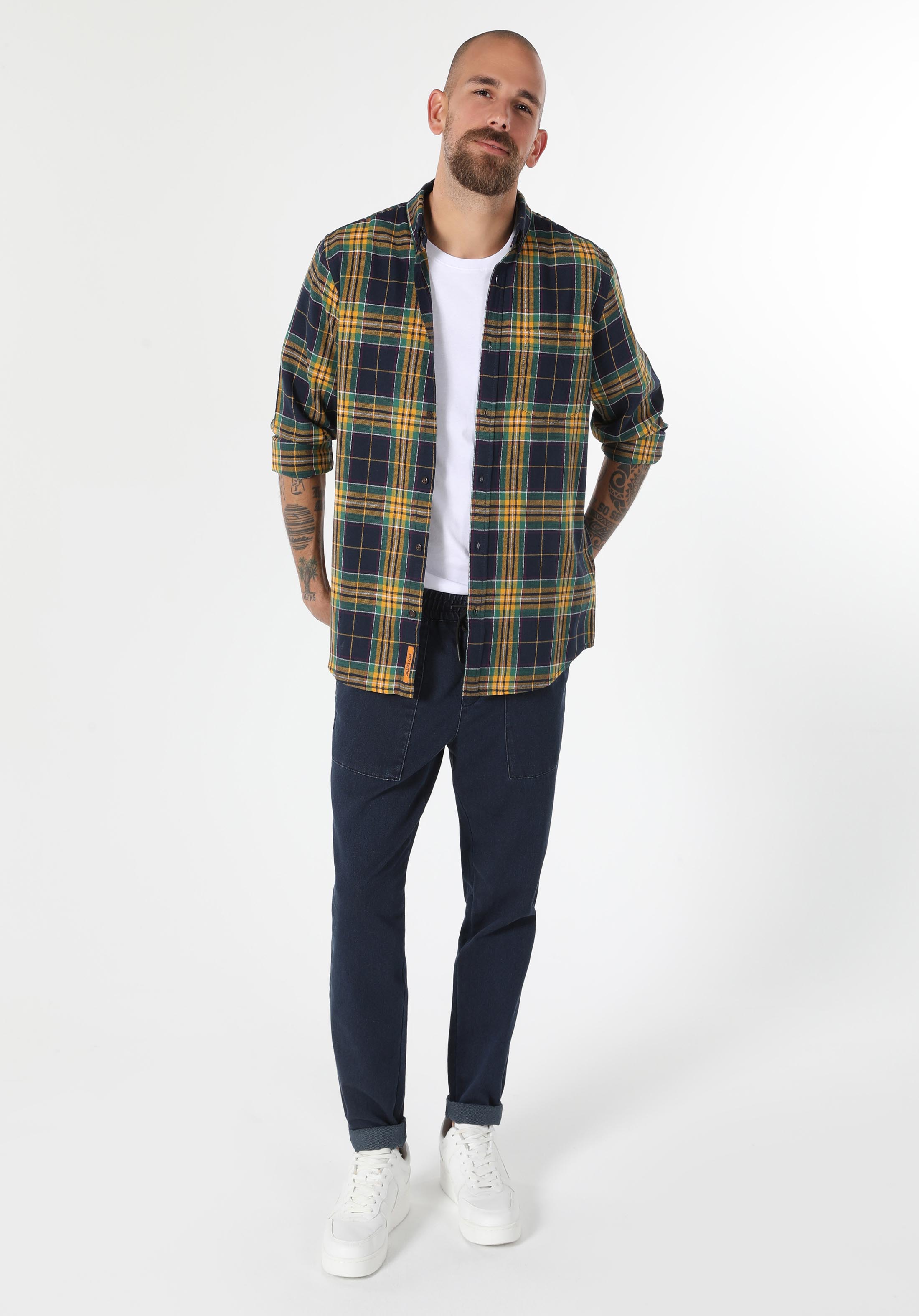 Regular Fit Shirt Neck Ekoseli Erkek Lacivert Uzun Kol Gömlek