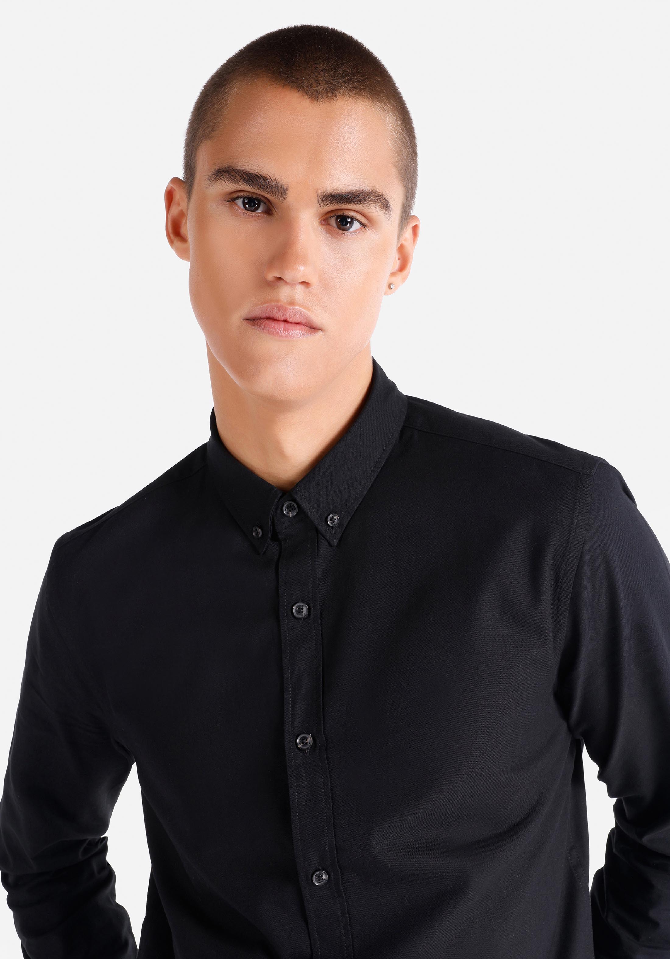 Slim Fit Shirt Neck Düz Erkek Siyah Uzun Kol Gömlek