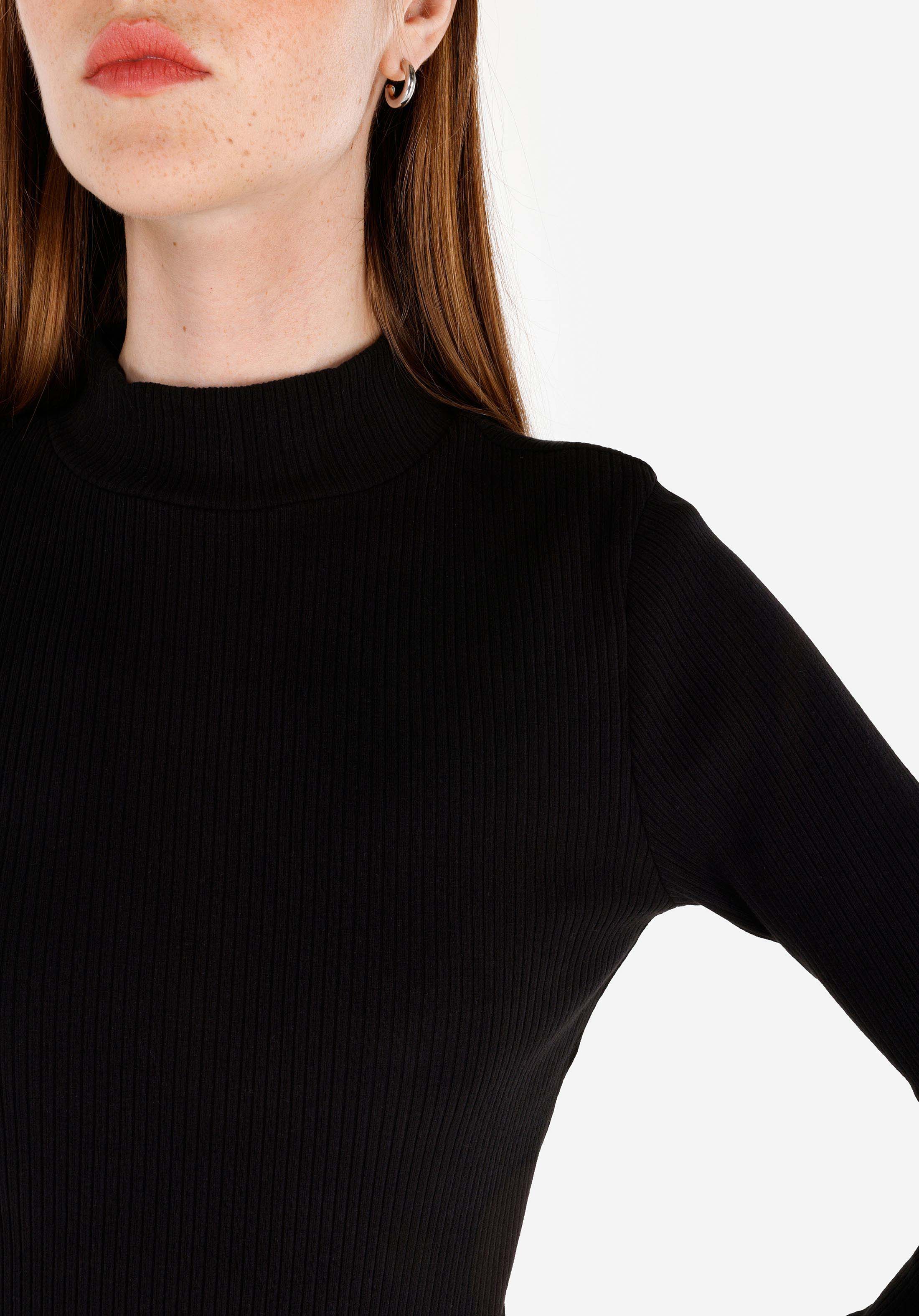 Slim Fit Dik Yaka Düz Kadın Siyah Uzun Kol Tişört