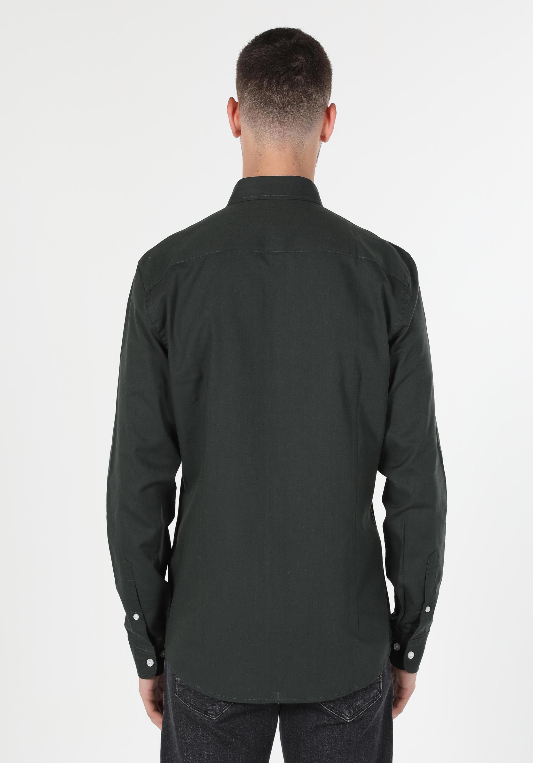 Slim Fit Shirt Neck Düz Erkek Yeşil Uzun Kol Gömlek