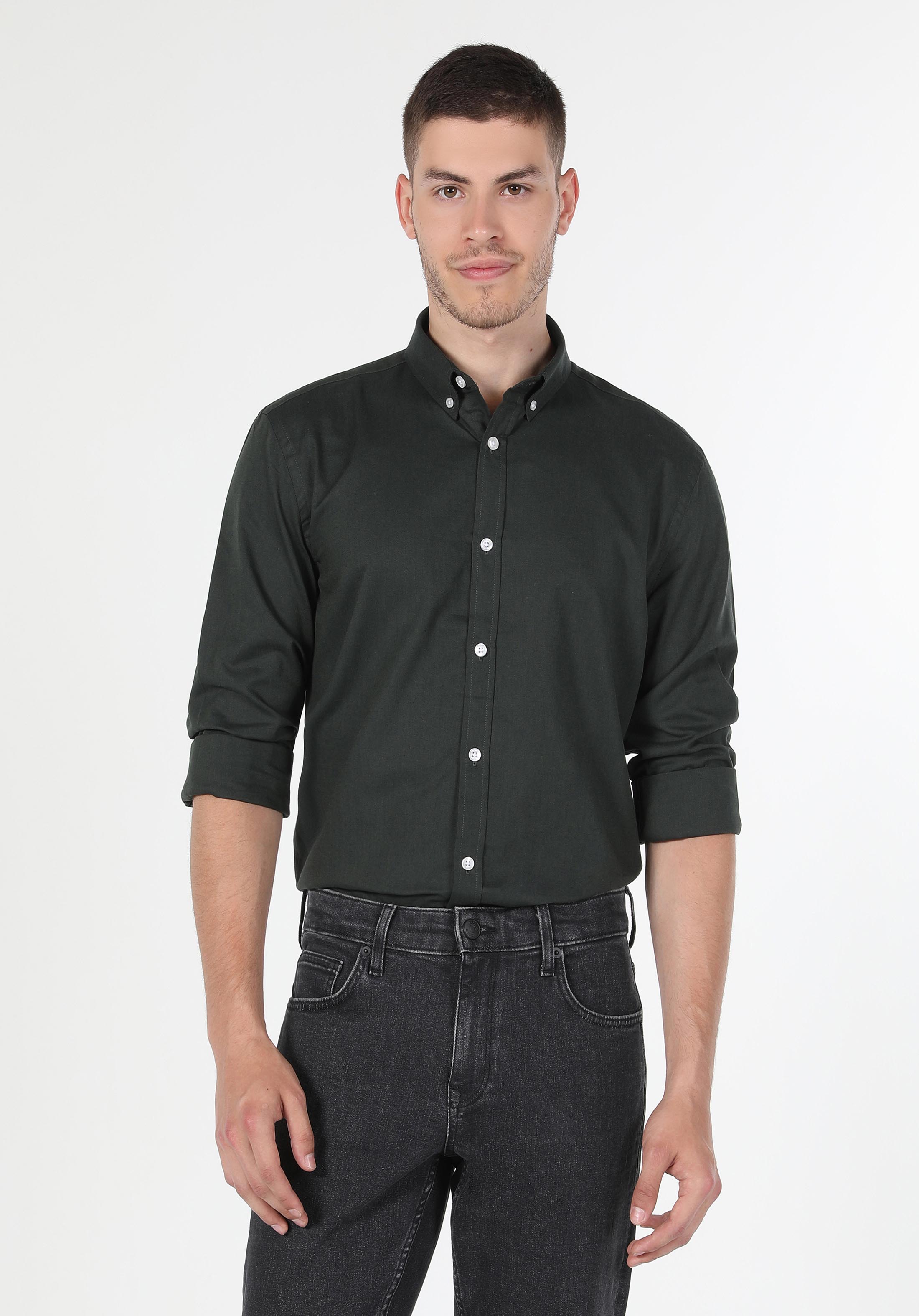 Slim Fit Shirt Neck Düz Erkek Yeşil Uzun Kol Gömlek