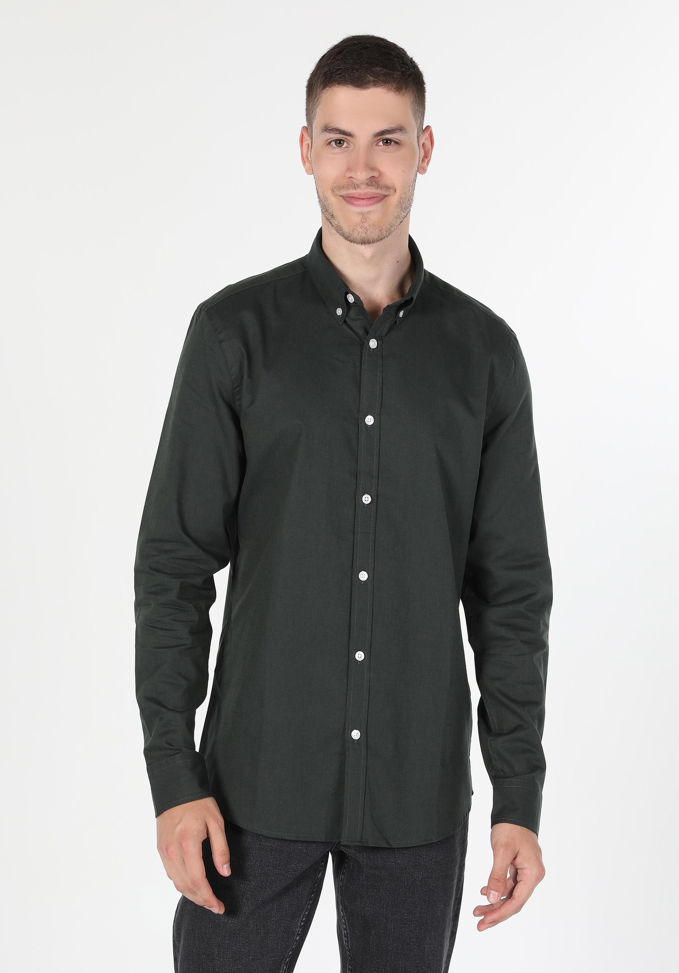 Slim Fit Shirt Neck Düz Erkek Yeşil Uzun Kol Gömlek