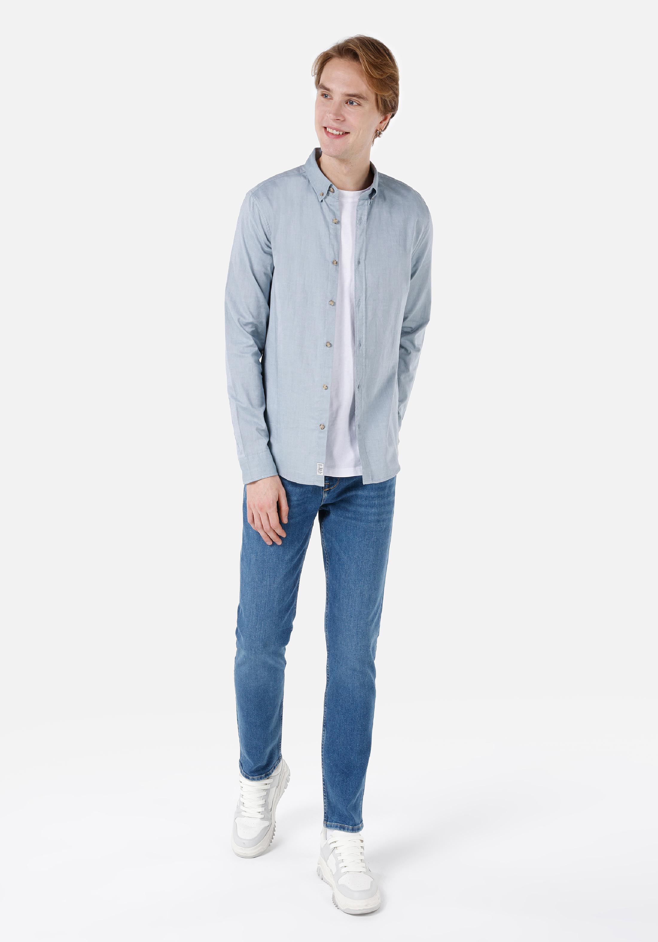 Slim Fit Shirt Neck Düz Erkek Yeşil Uzun Kol Gömlek