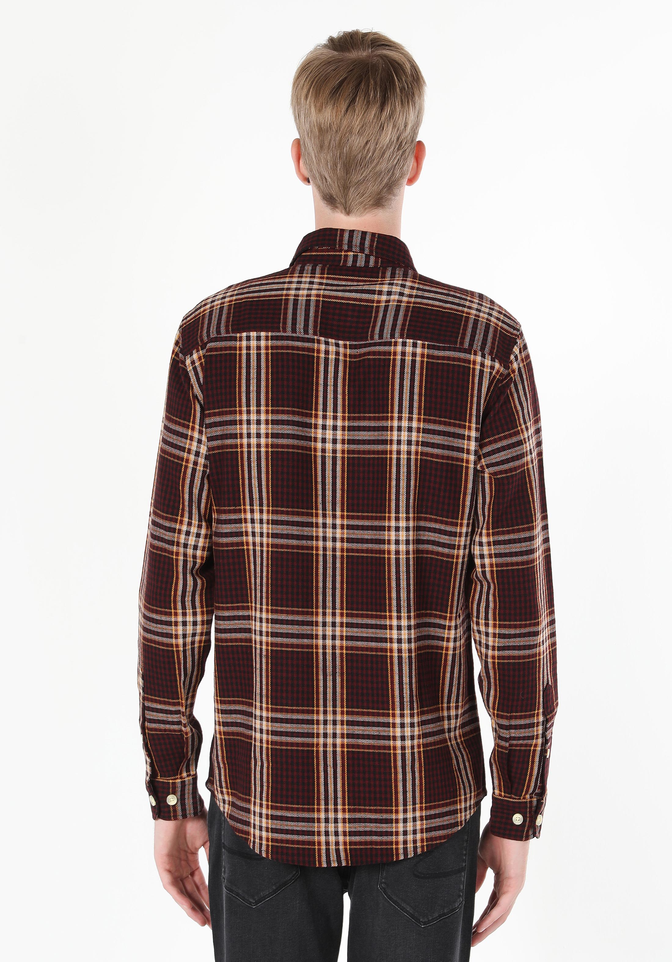 Regular Fit Shirt Neck Ekoseli Erkek Bordo Uzun Kol Gömlek