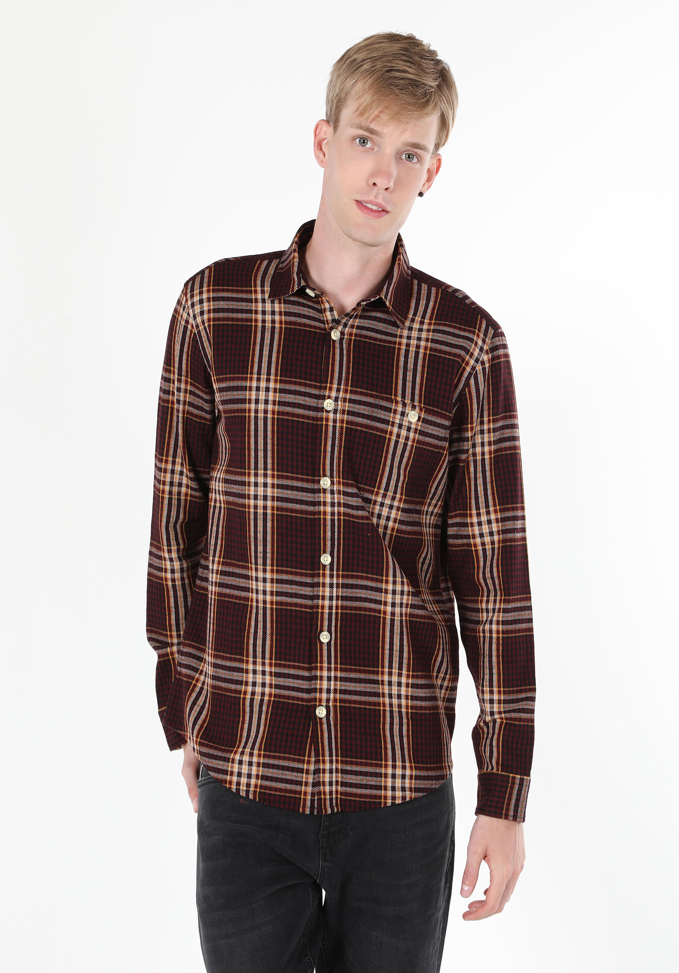 Regular Fit Shirt Neck Ekoseli Erkek Bordo Uzun Kol Gömlek