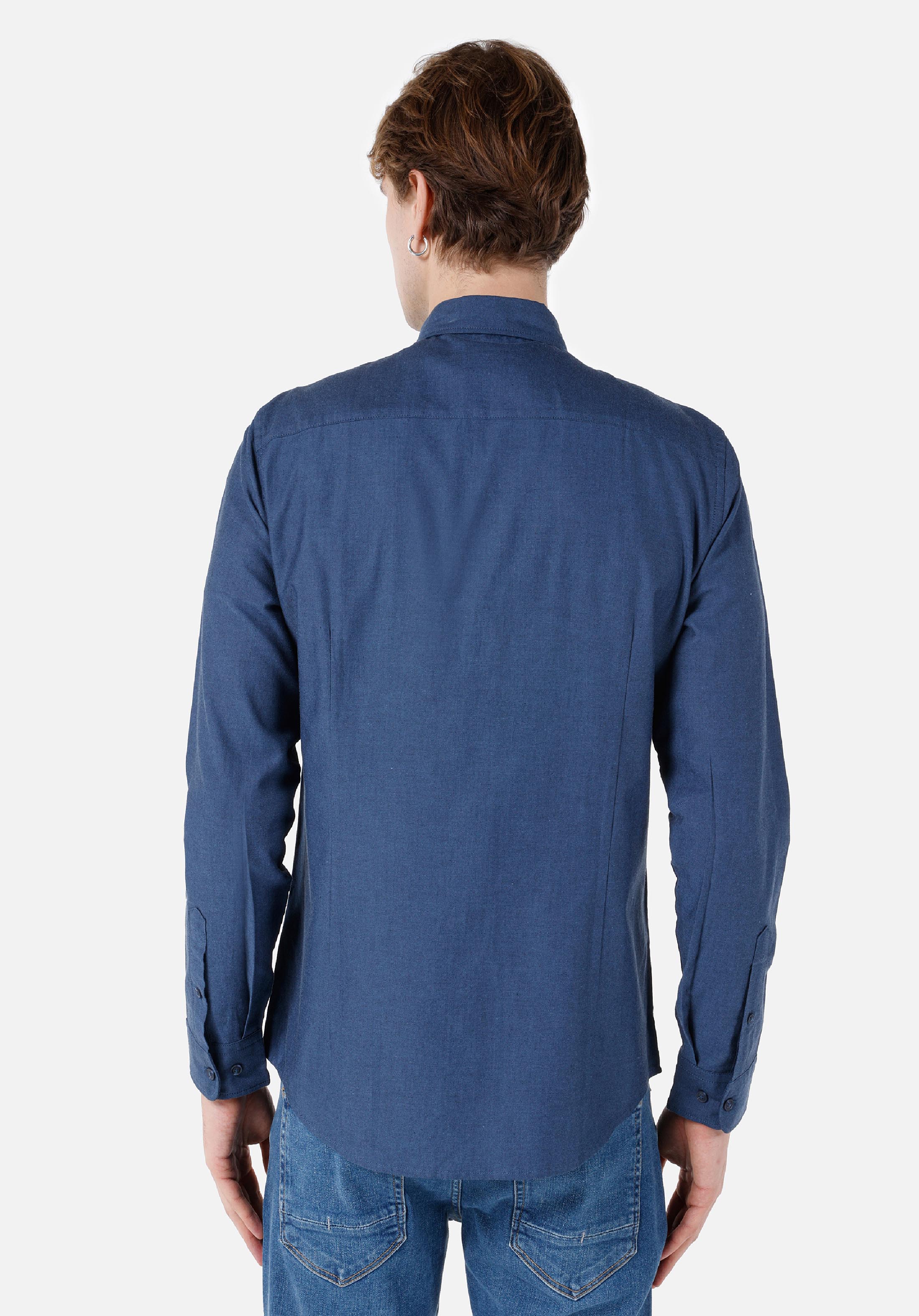 Slim Fit Shirt Neck Düz Erkek Lacivert Uzun Kol Gömlek