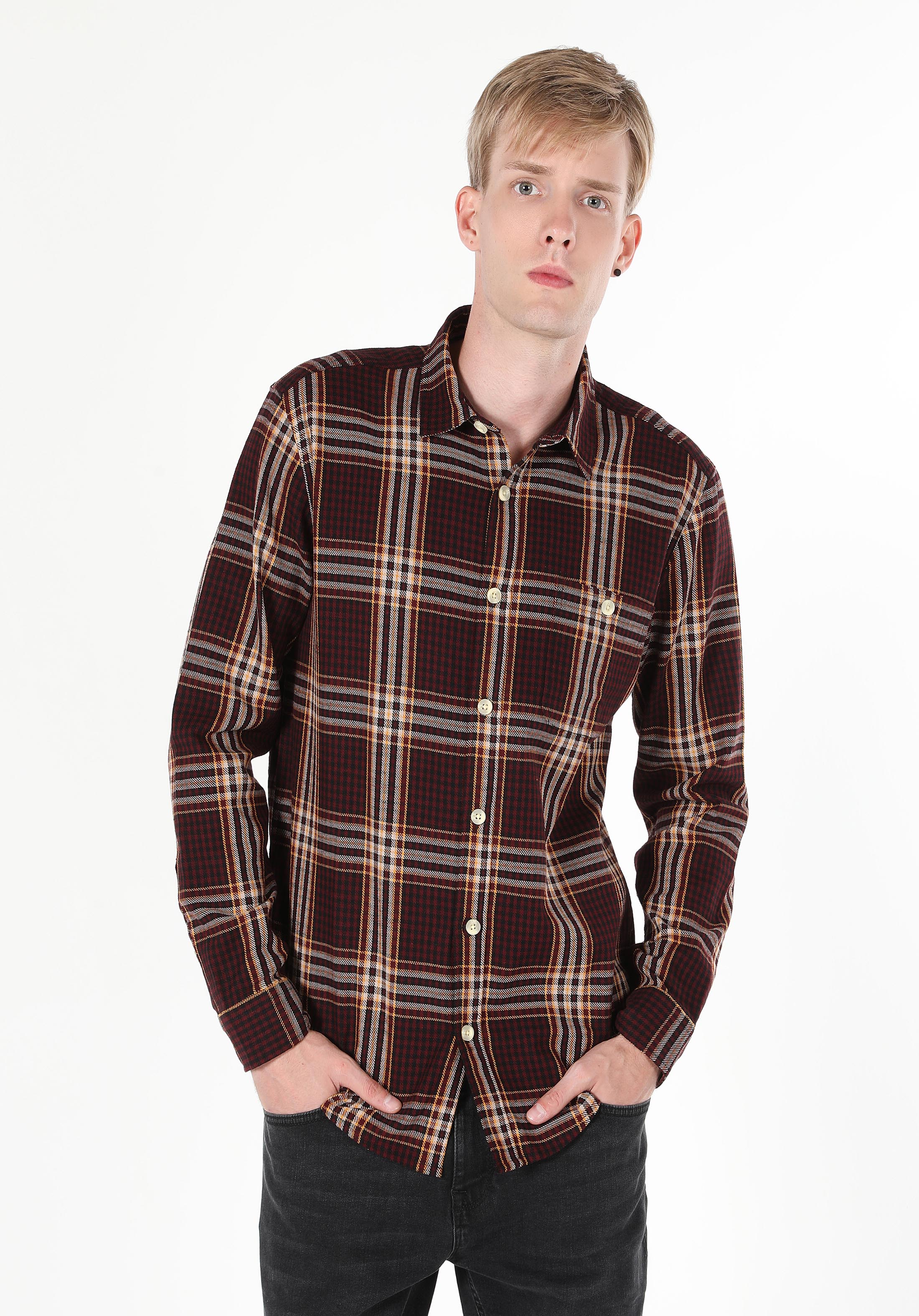 Regular Fit Shirt Neck Ekoseli Erkek Bordo Uzun Kol Gömlek