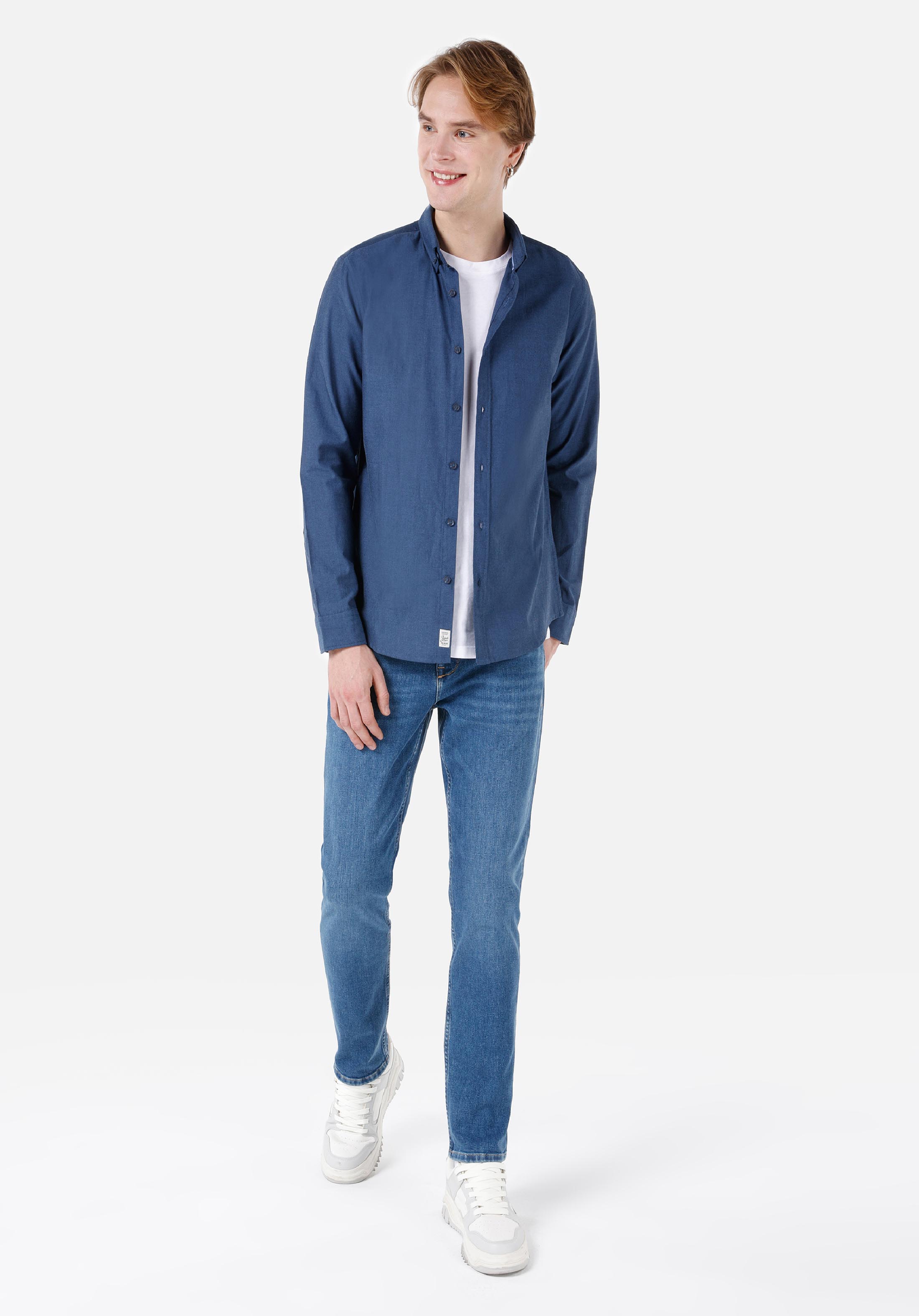 Slim Fit Shirt Neck Düz Erkek Lacivert Uzun Kol Gömlek