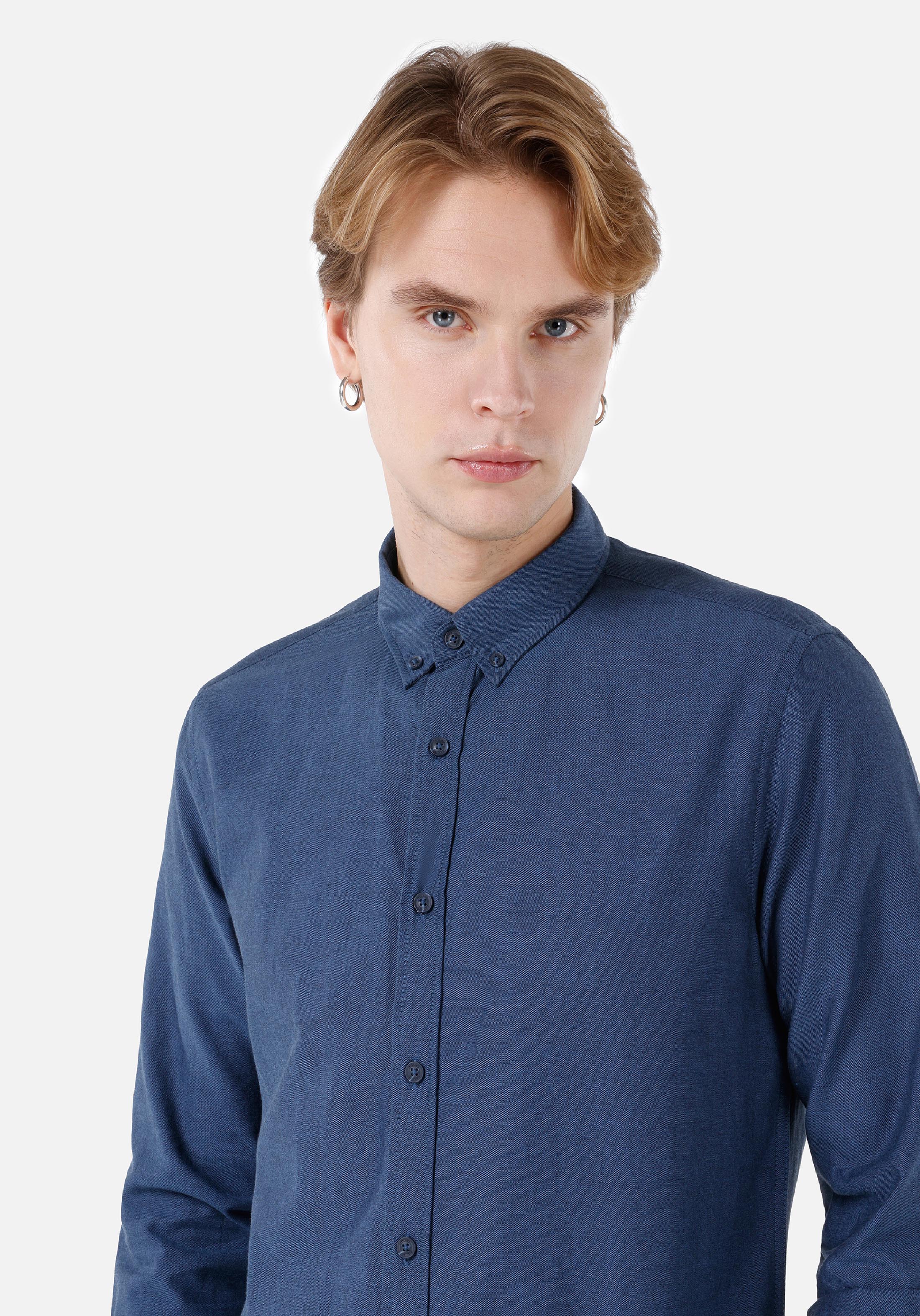 Slim Fit Shirt Neck Düz Erkek Lacivert Uzun Kol Gömlek