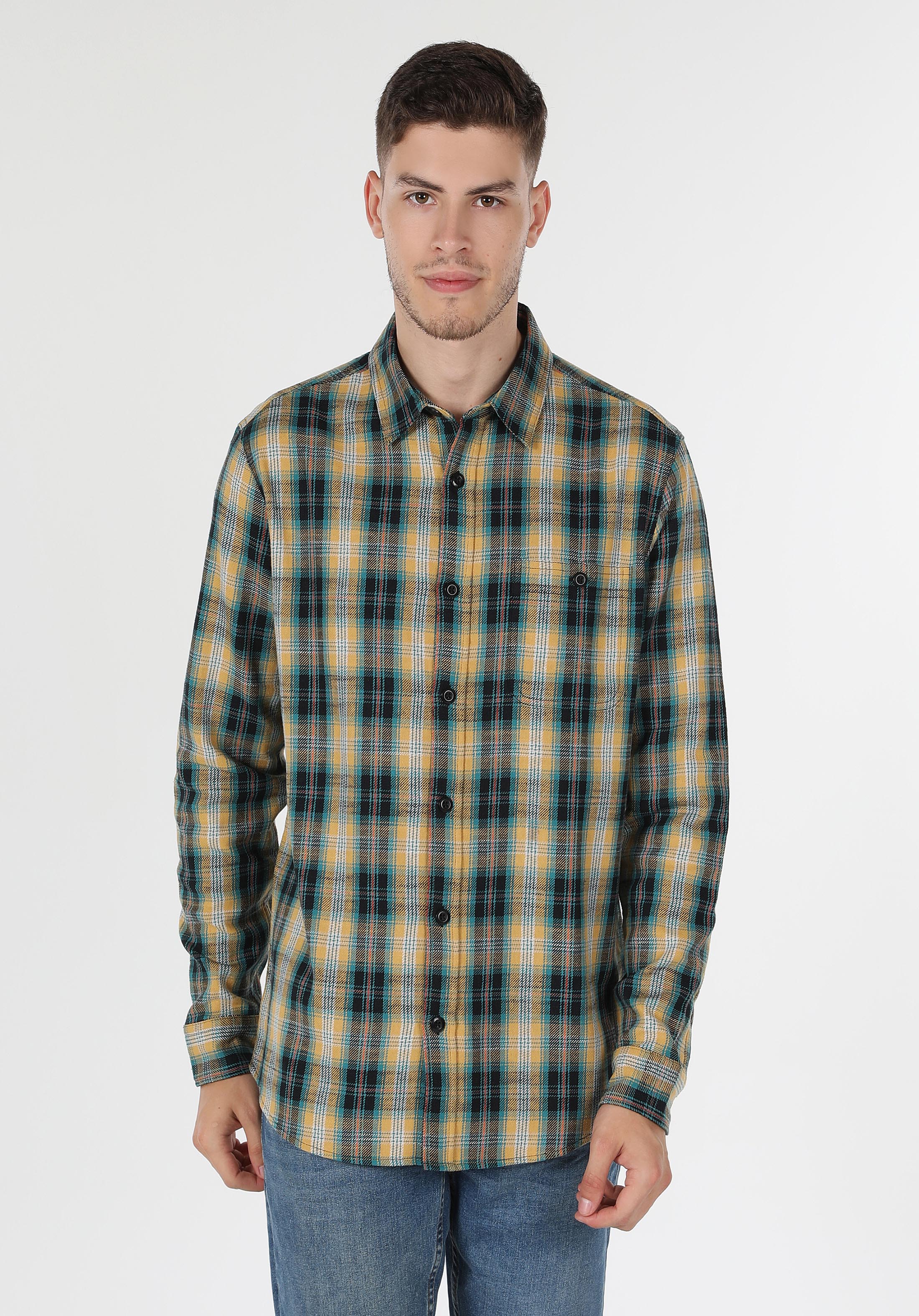 Regular Fit Shirt Neck Ekoseli Erkek Çok Renkli Uzun Kol Gömlek