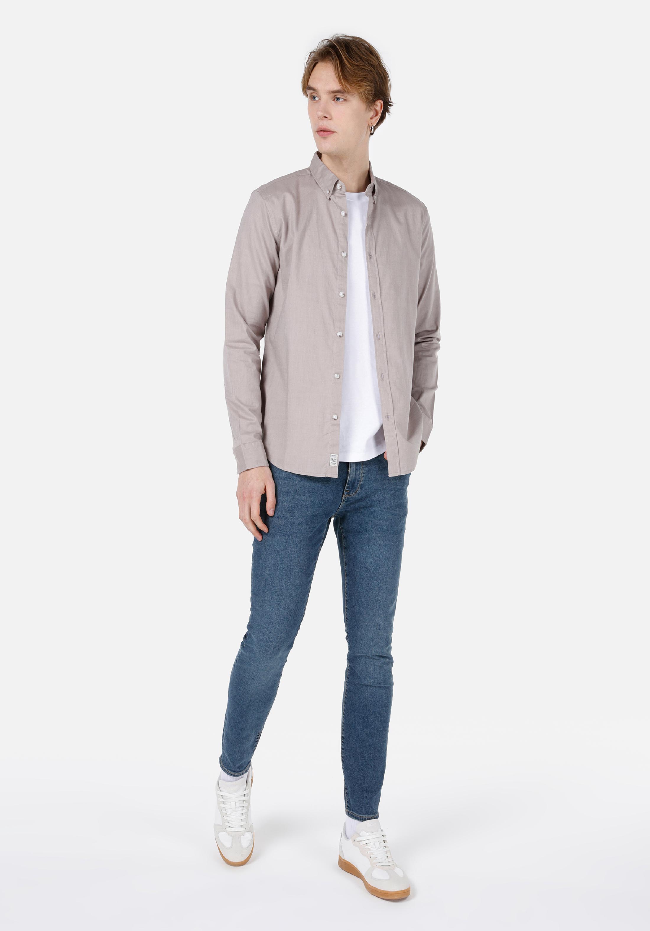 Slim Fit Shirt Neck Düz Erkek Bej Uzun Kol Gömlek