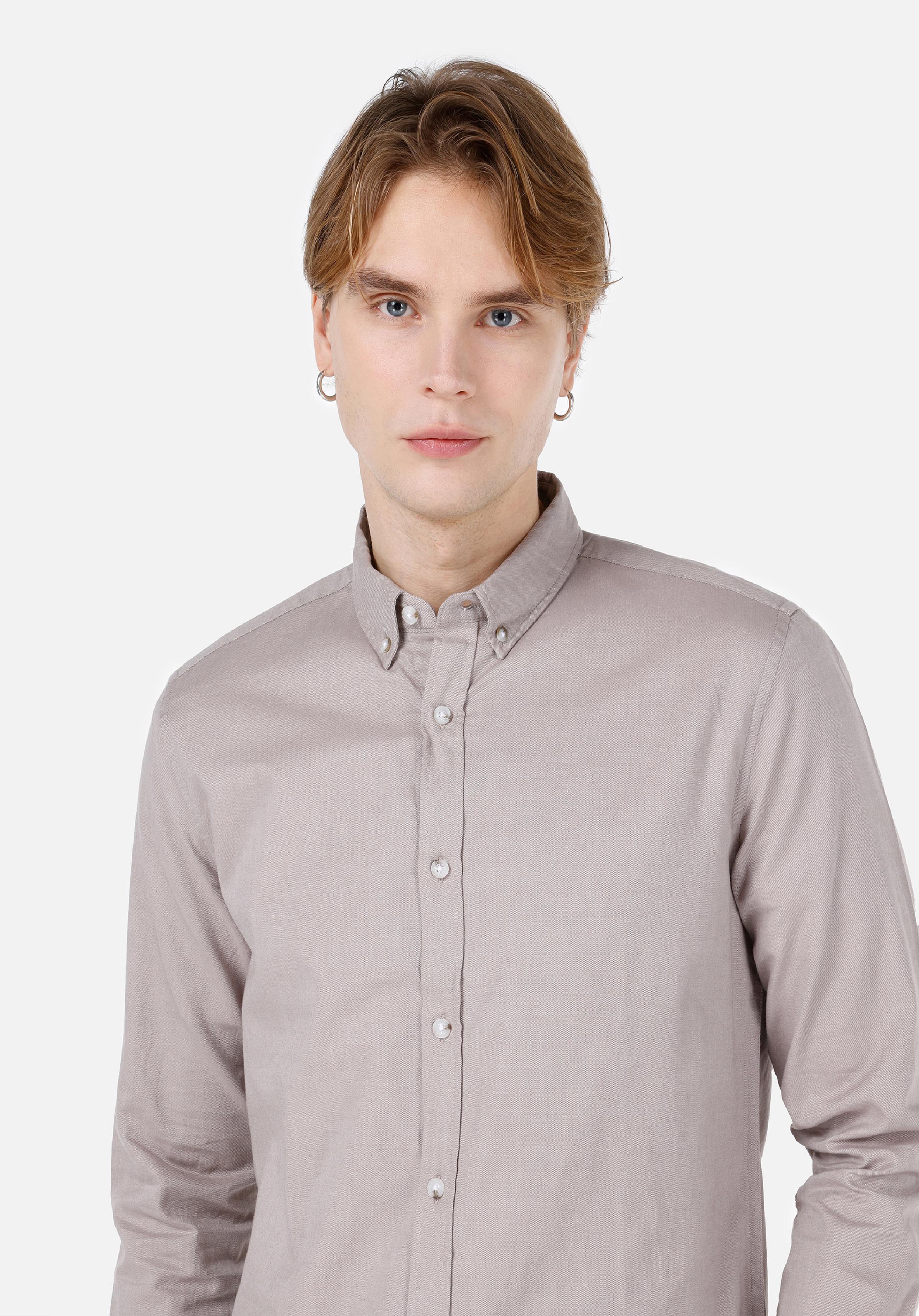 Slim Fit Shirt Neck Düz Erkek Bej Uzun Kol Gömlek