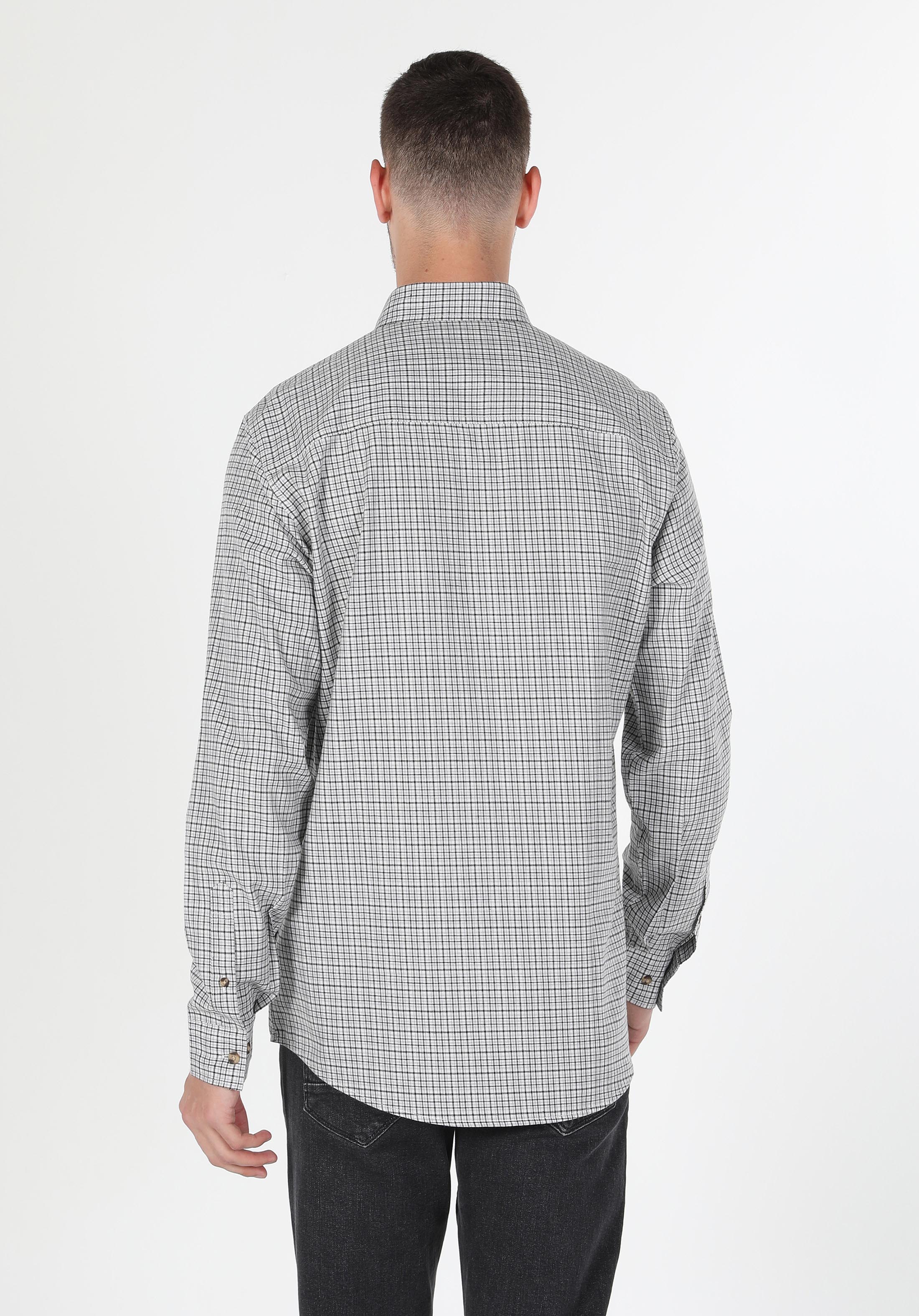 Regular Fit Shirt Neck Ekoseli Erkek Gri Uzun Kol Gömlek