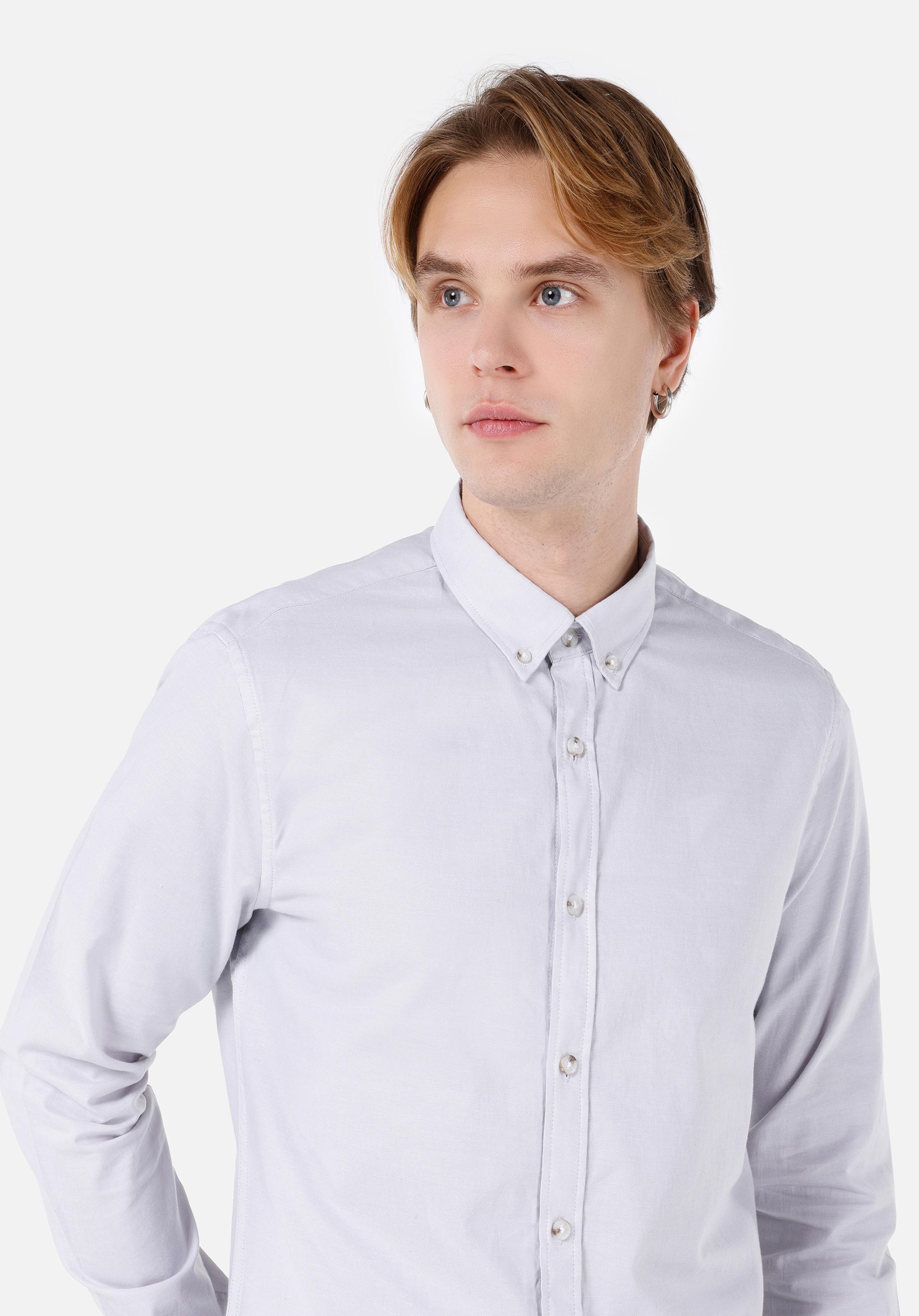 Slim Fit Shirt Neck Düz Erkek Taş Uzun Kol Gömlek