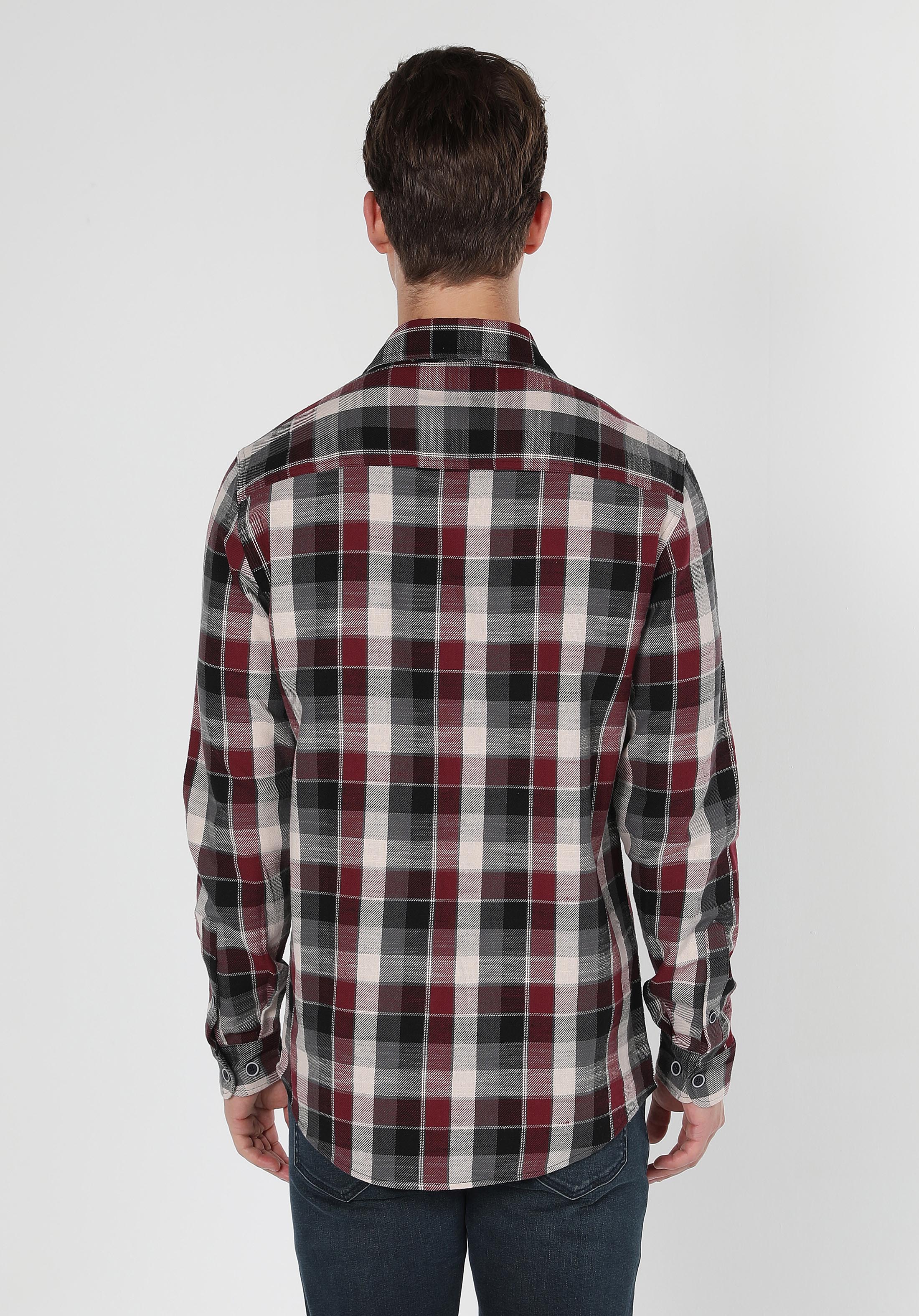 Regular Fit Shirt Neck Ekoseli Erkek Bordo Uzun Kol Gömlek