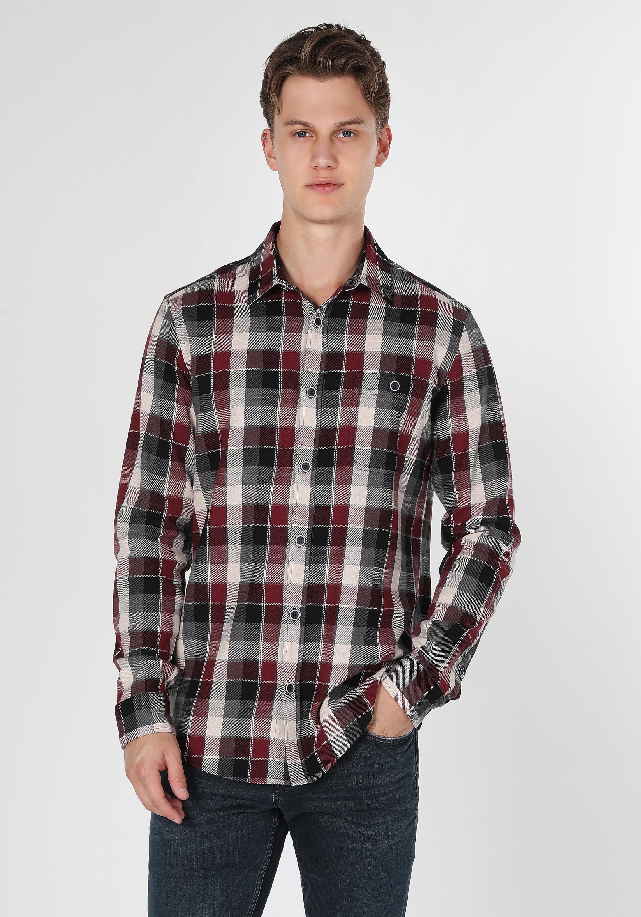 Regular Fit Shirt Neck Ekoseli Erkek Bordo Uzun Kol Gömlek