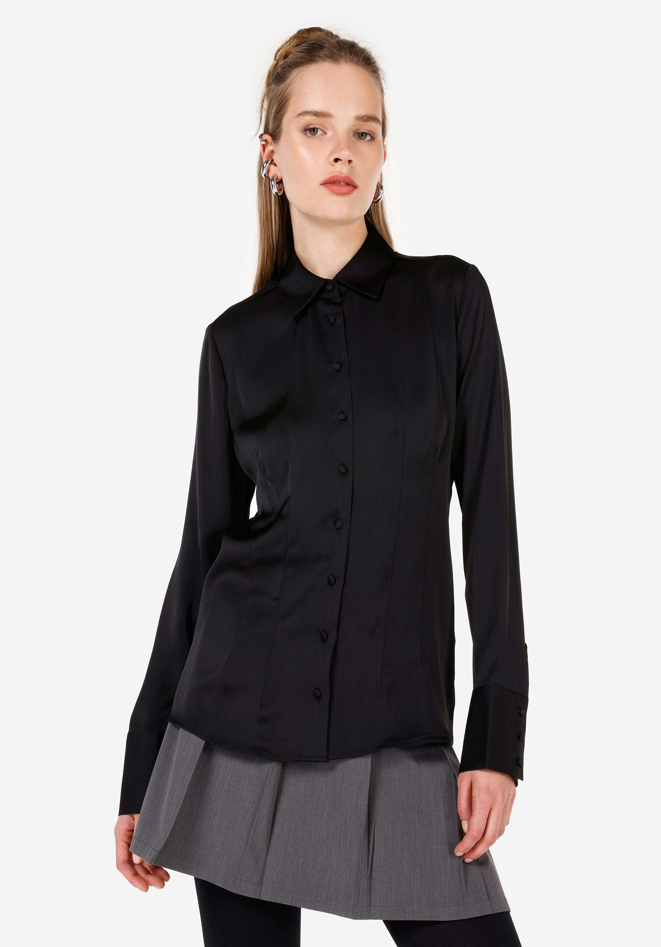 Slim Fit Shirt Neck  Kadın Siyah Uzun Kol Gömlek