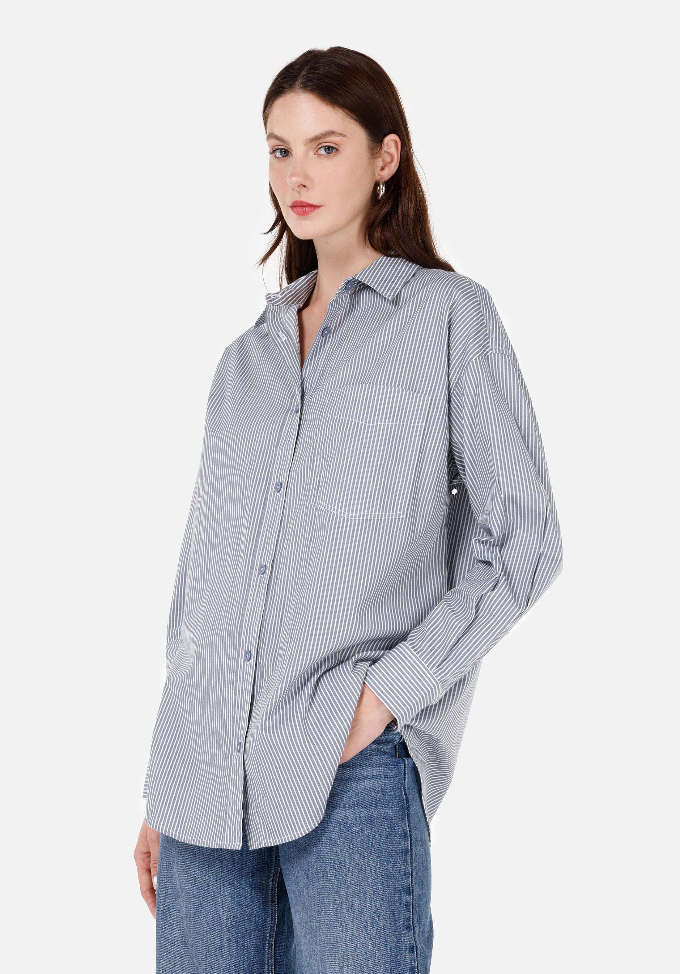 Relax Fit Shirt Neck  Kadın Mavi Uzun Kol Gömlek