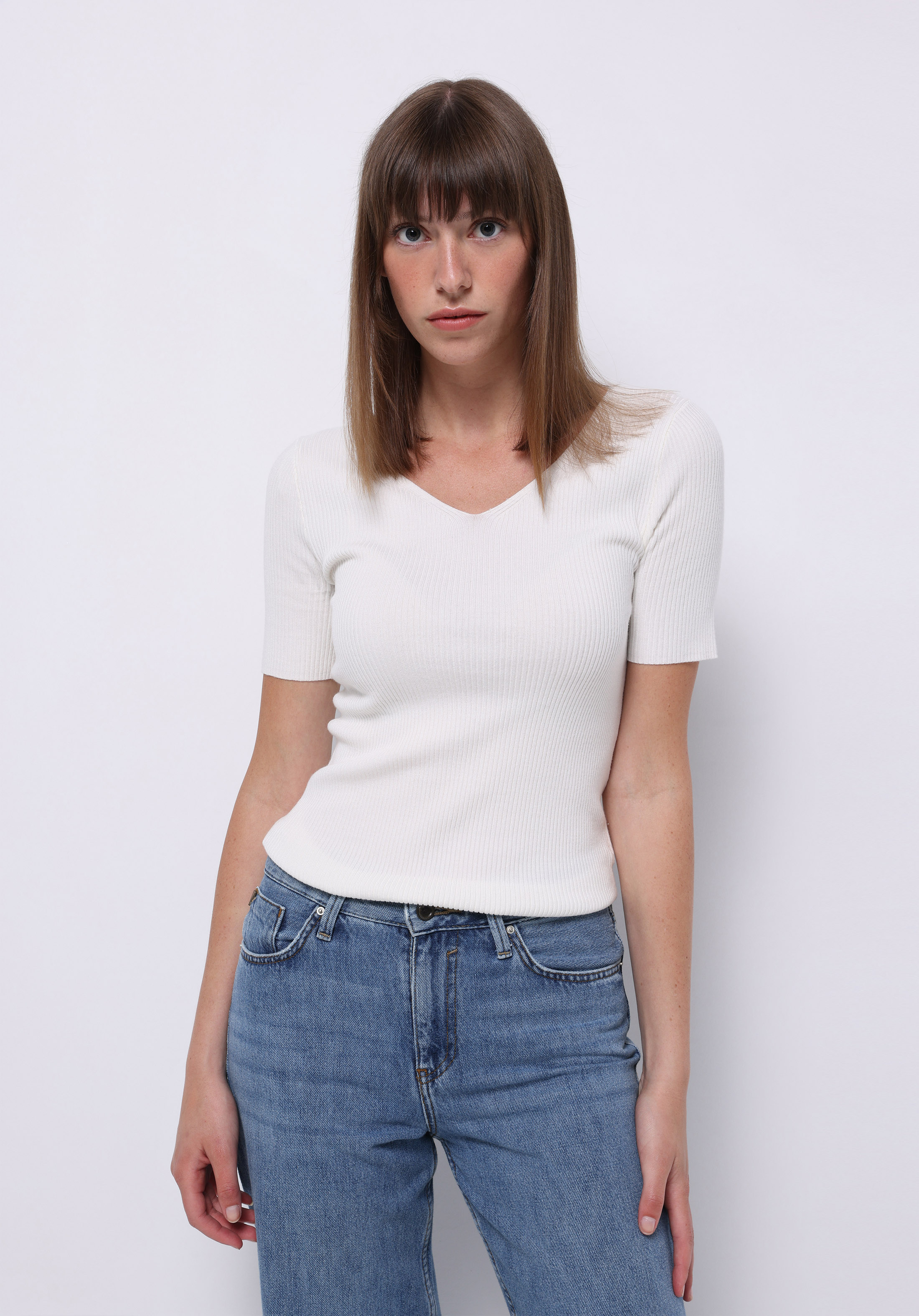 Regular Fit Shirt Neck Ekoseli Kadın Beyaz Uzun Kol Gömlek