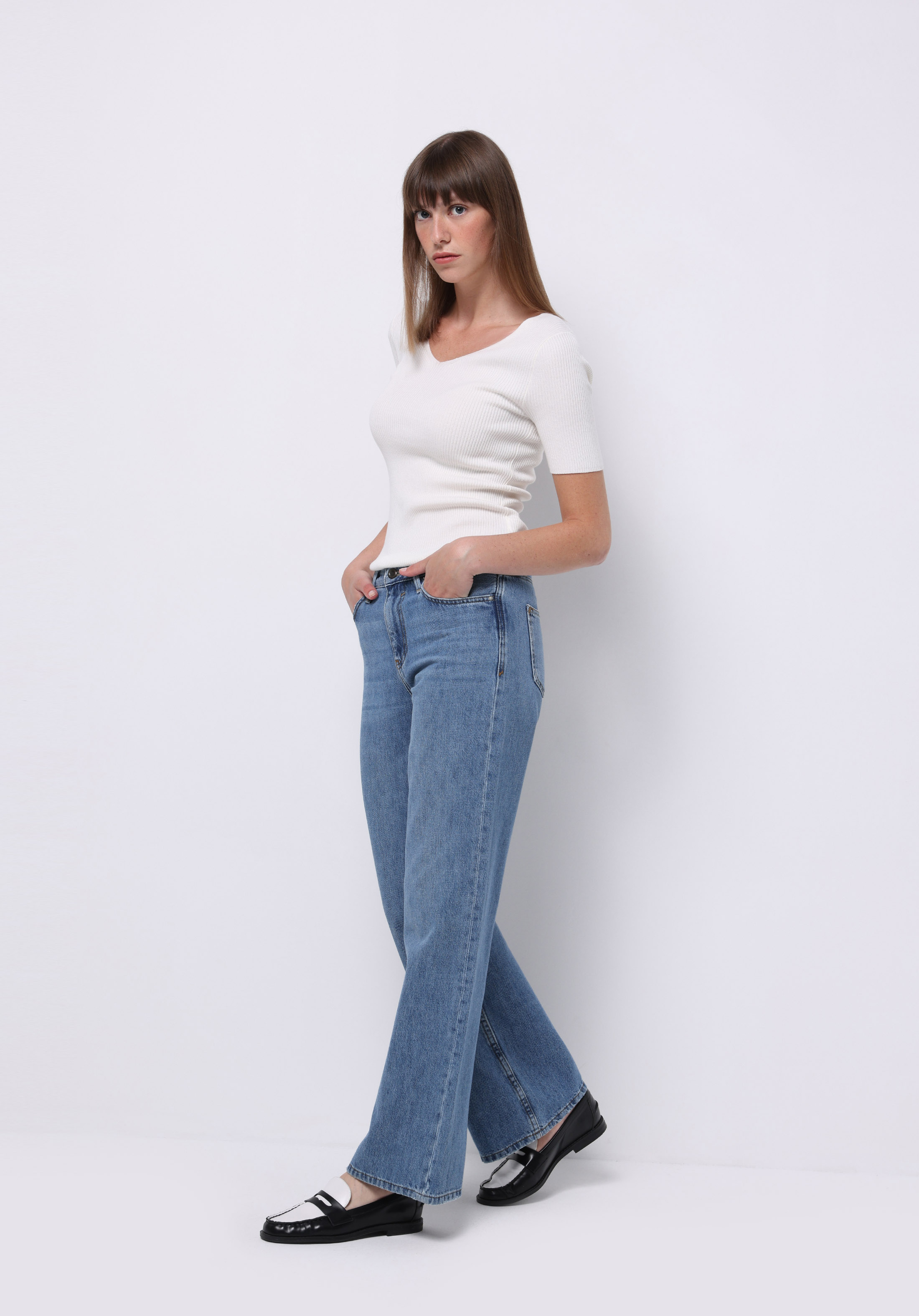 Regular Fit Shirt Neck Ekoseli Kadın Beyaz Uzun Kol Gömlek