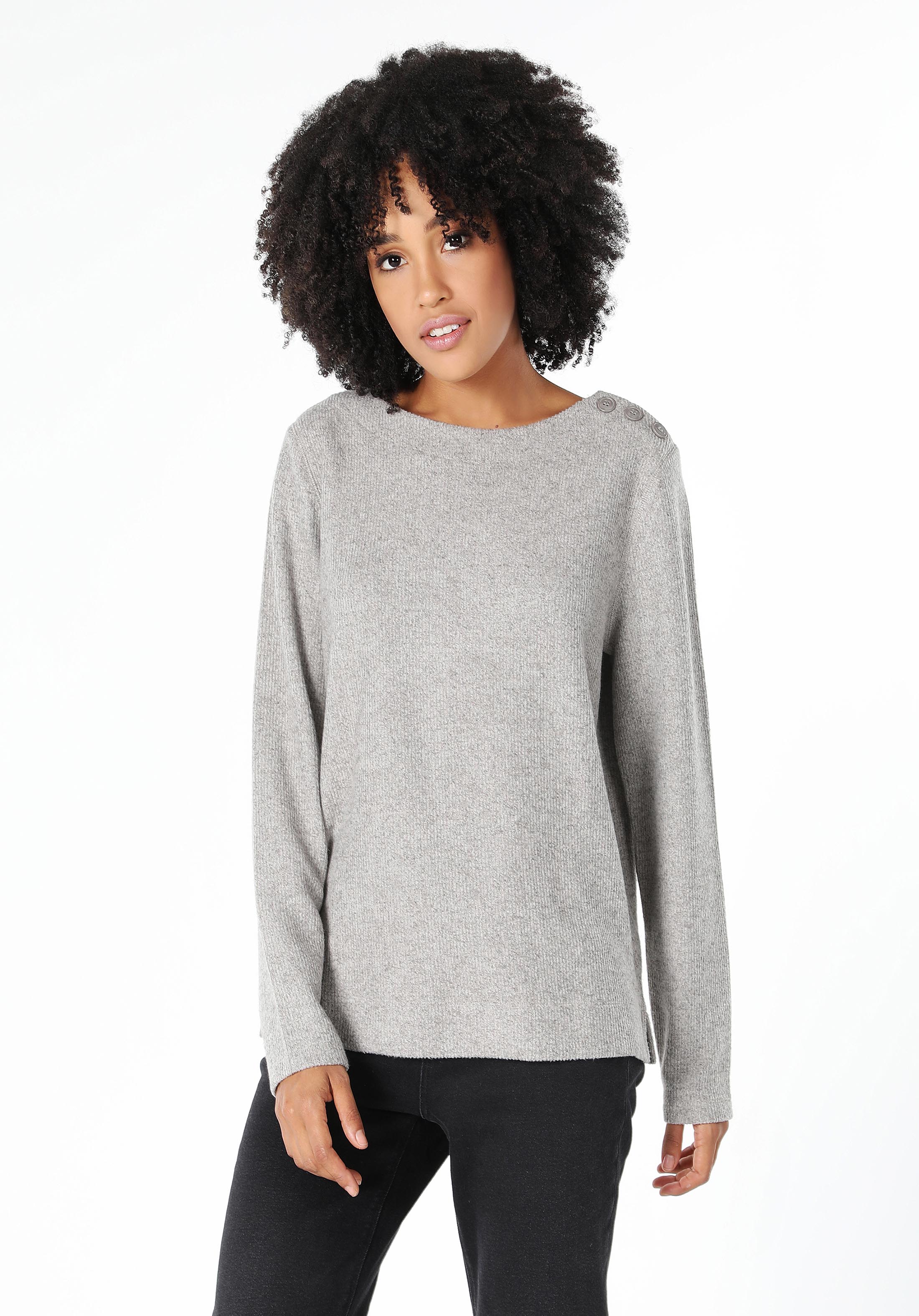 Regular Fit Yuvarlak Yaka Düz Kadın Gri Uzun Kol Tişört