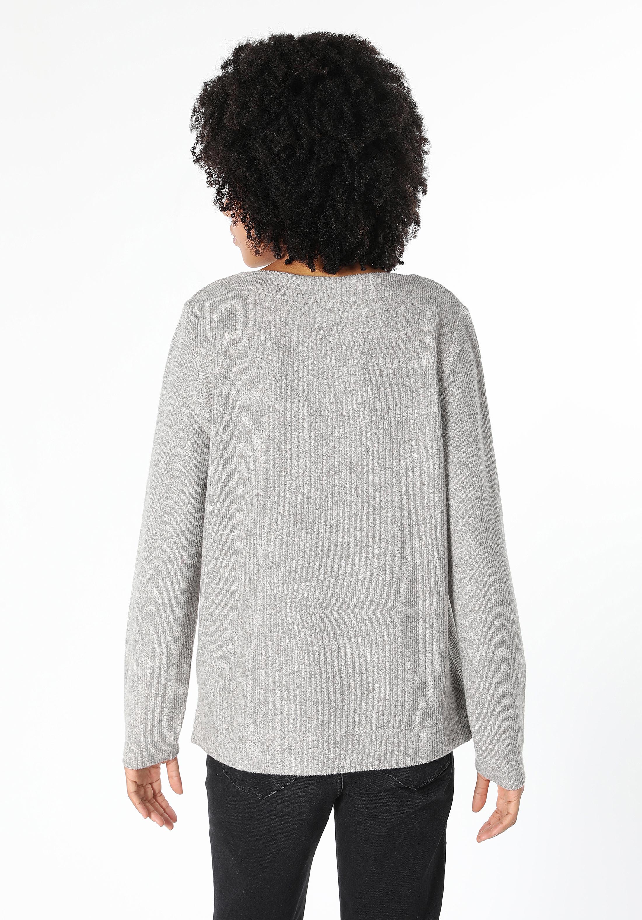 Regular Fit Yuvarlak Yaka Düz Kadın Gri Uzun Kol Tişört