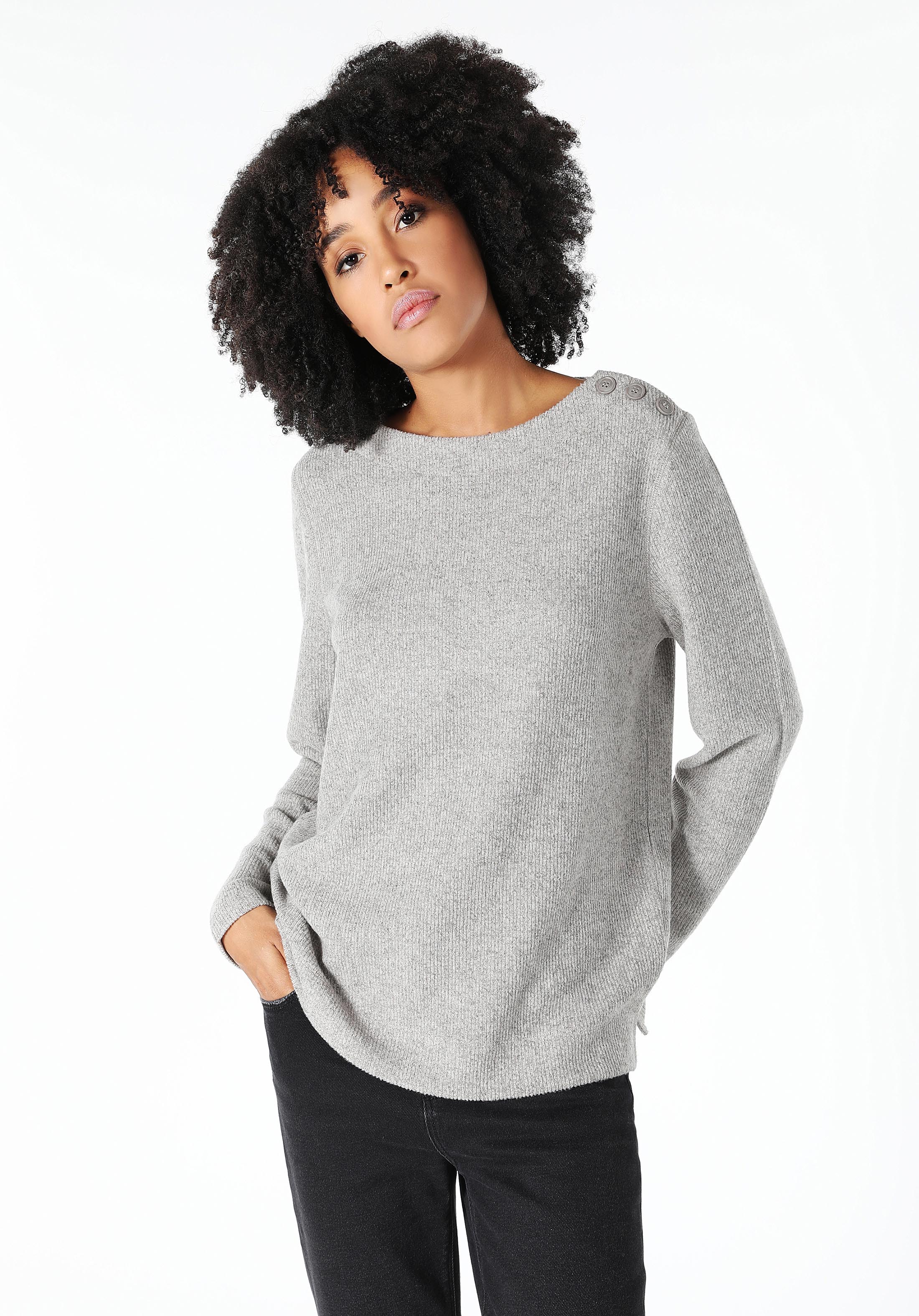 Regular Fit Yuvarlak Yaka Düz Kadın Gri Uzun Kol Tişört